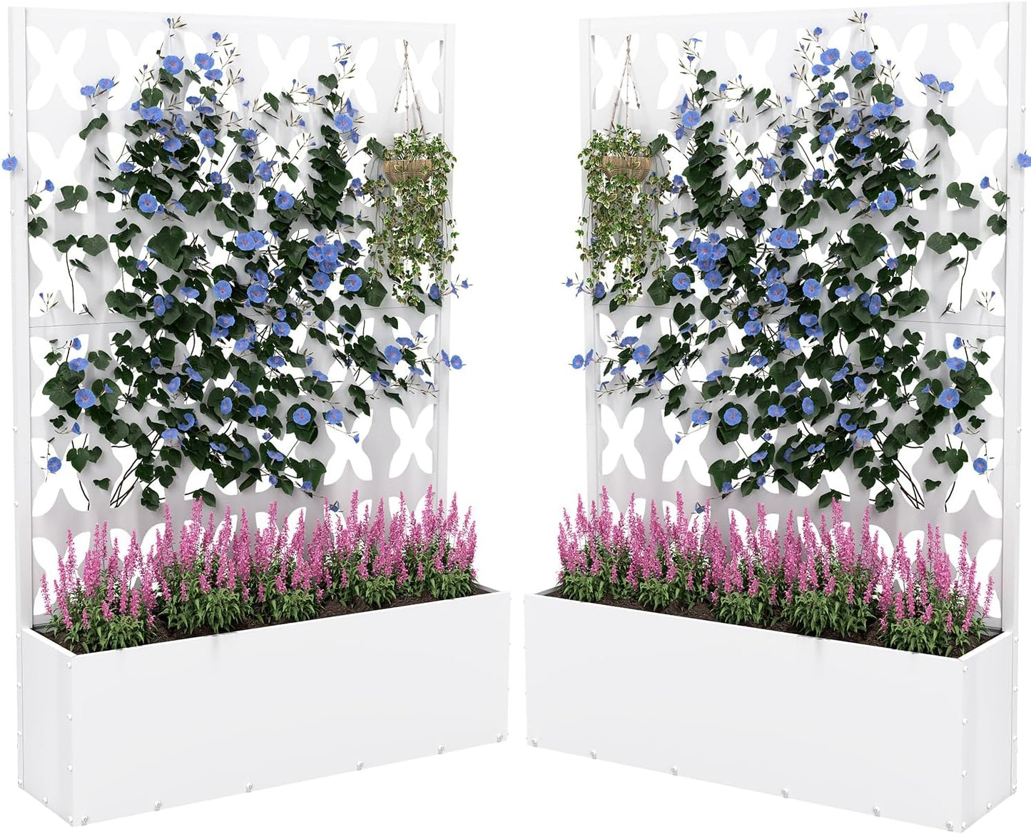 2PCS Metal Planter Box with Trellis,70.9"x47.2"x15.7" Raised Garden Bed with Drainage Holes, Privacy Planters for Outdoor Garden Bed for Climbing Plants,Vegetables,and Vines, White-X