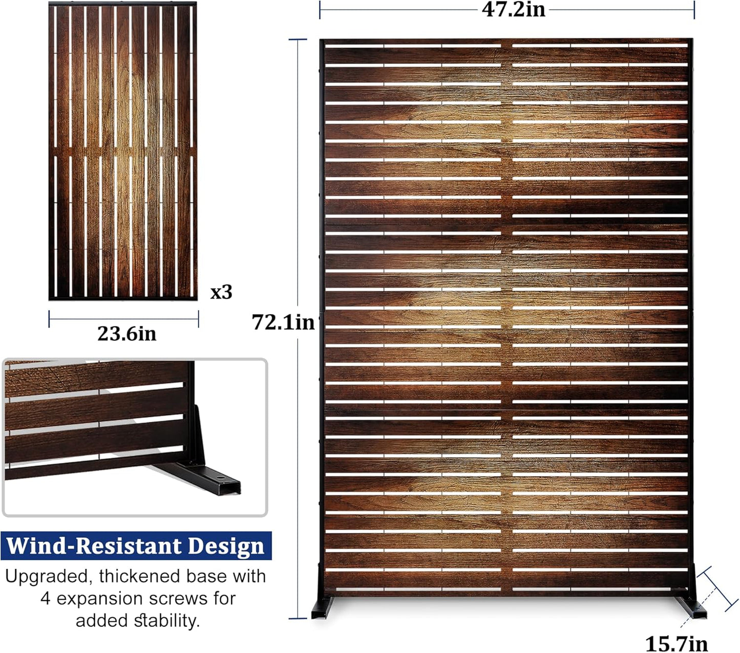 FENCY Outdoor Privacy Screen, 72" H×47" W Metal Patio Privacy Screen, Freestanding Decorative for Deck Balcony Patio Vintage Wood Color