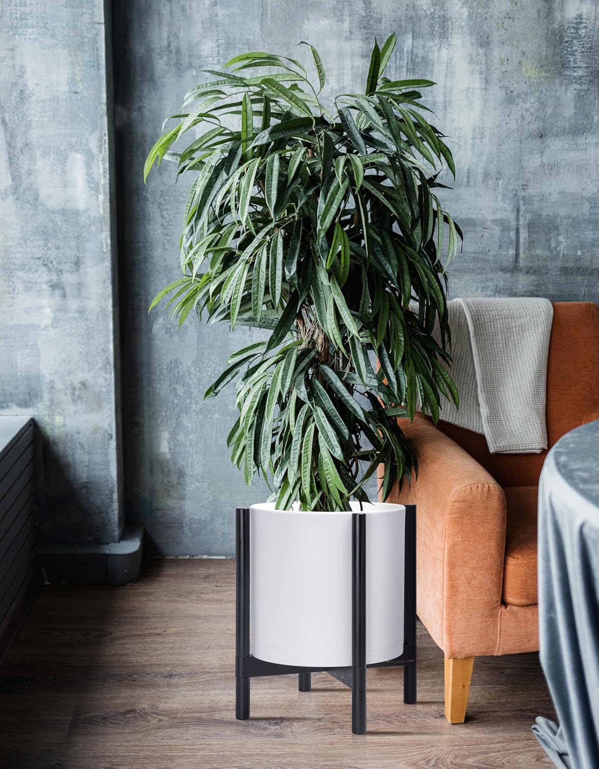 D'vine Dev Planter Pot with Stand - 14 Inch Plastic Cylinder Flower Pot with Wood Planter Holder for Indoor, Matte White Pot + Ebony Stand, 55-C-T-1