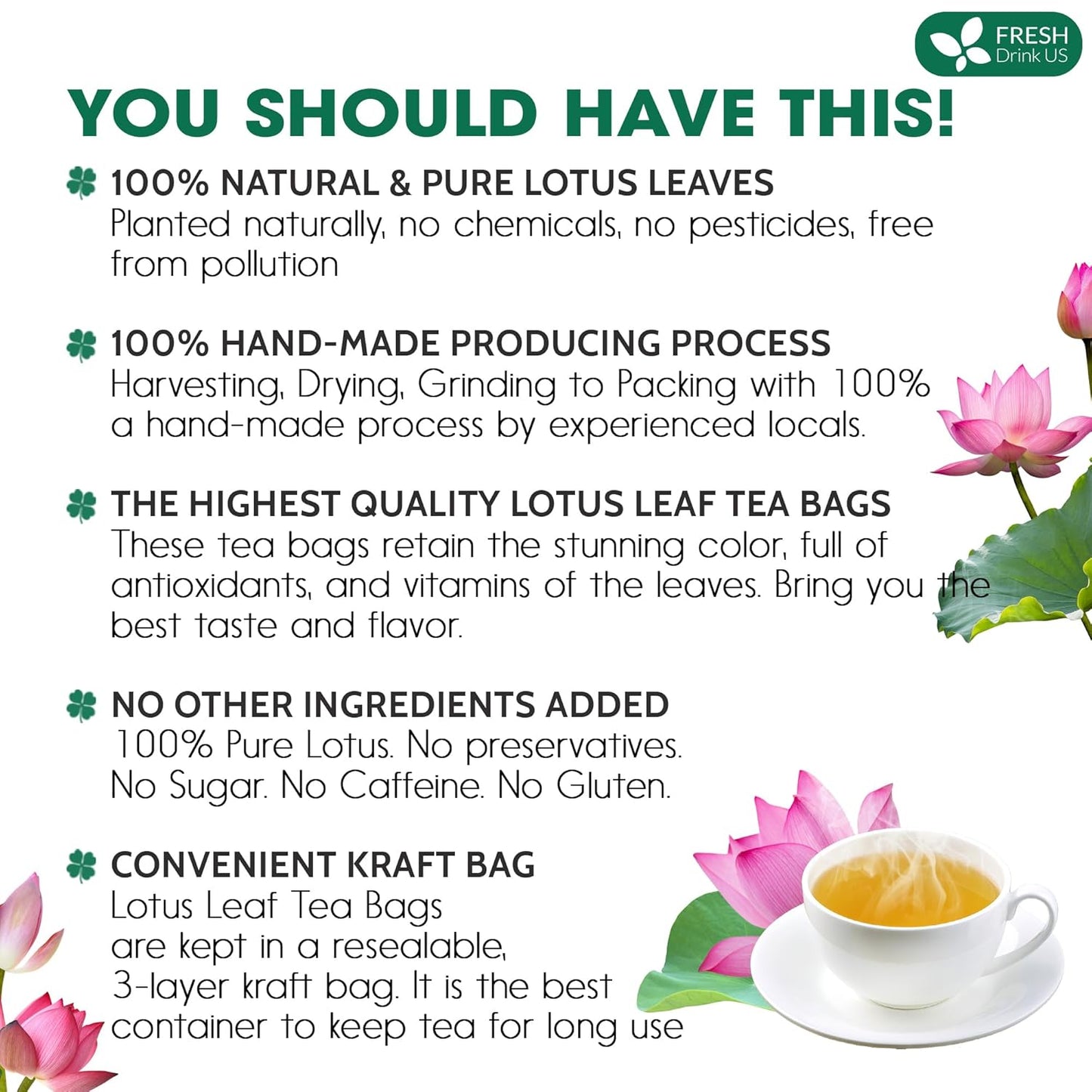 FreshDrinkUS, Premium 75 Lotus Leaf Tea Bags, 100% Natural & Pure from Lotus Leaves. Loose Leaf Lotus Herbal Tea. Made with Eco-Conscious Tea Bags. No Sugar, No Caffeine, No Gluten, Vegan.
