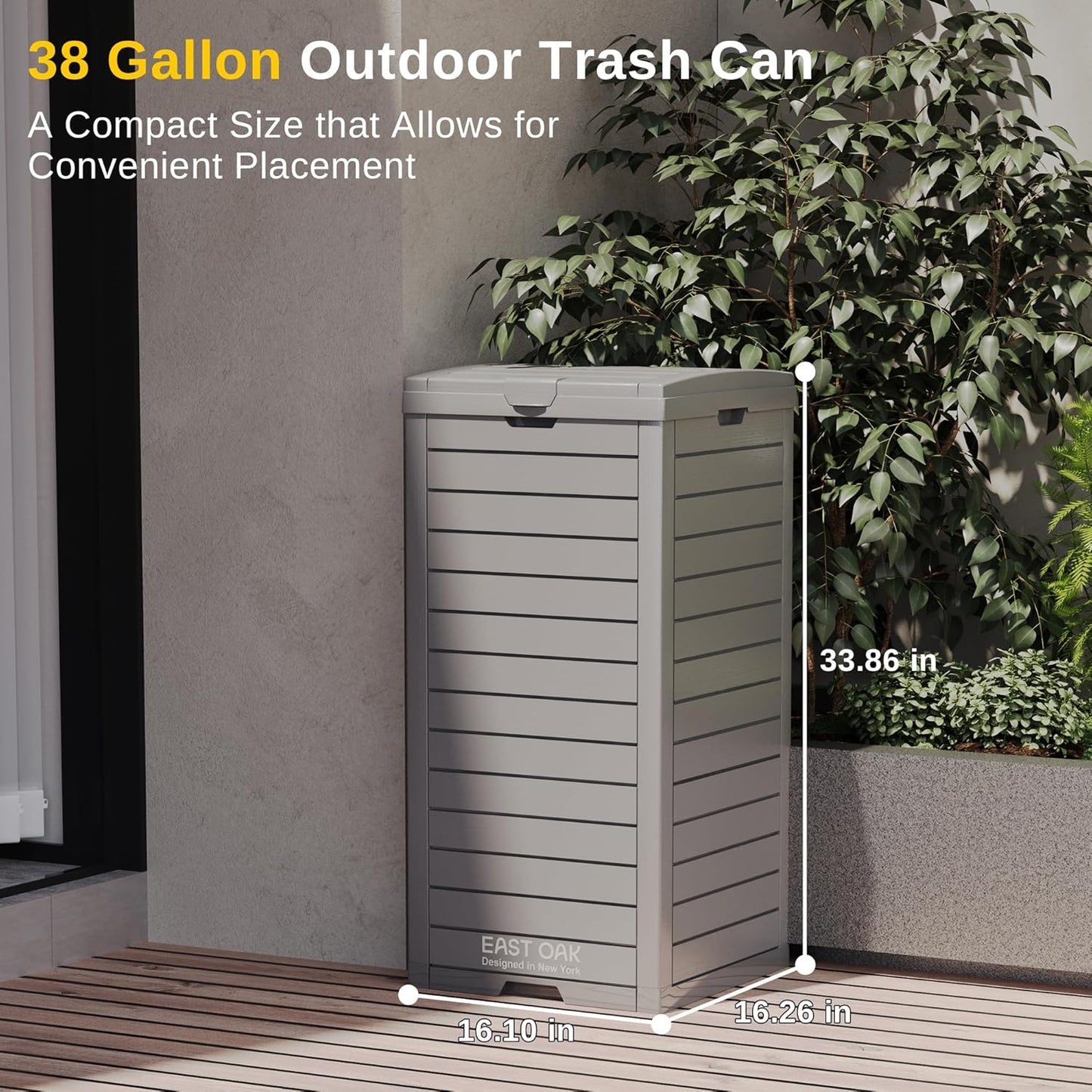 EAST OAK 38 Gallon Outdoor Trash Can | Waterproof Resin Garbage Can with Tiered Lid & Drip Tray | Outside Trash Bin for Patio | Kitchen, Backyard & Deck | Gray Color