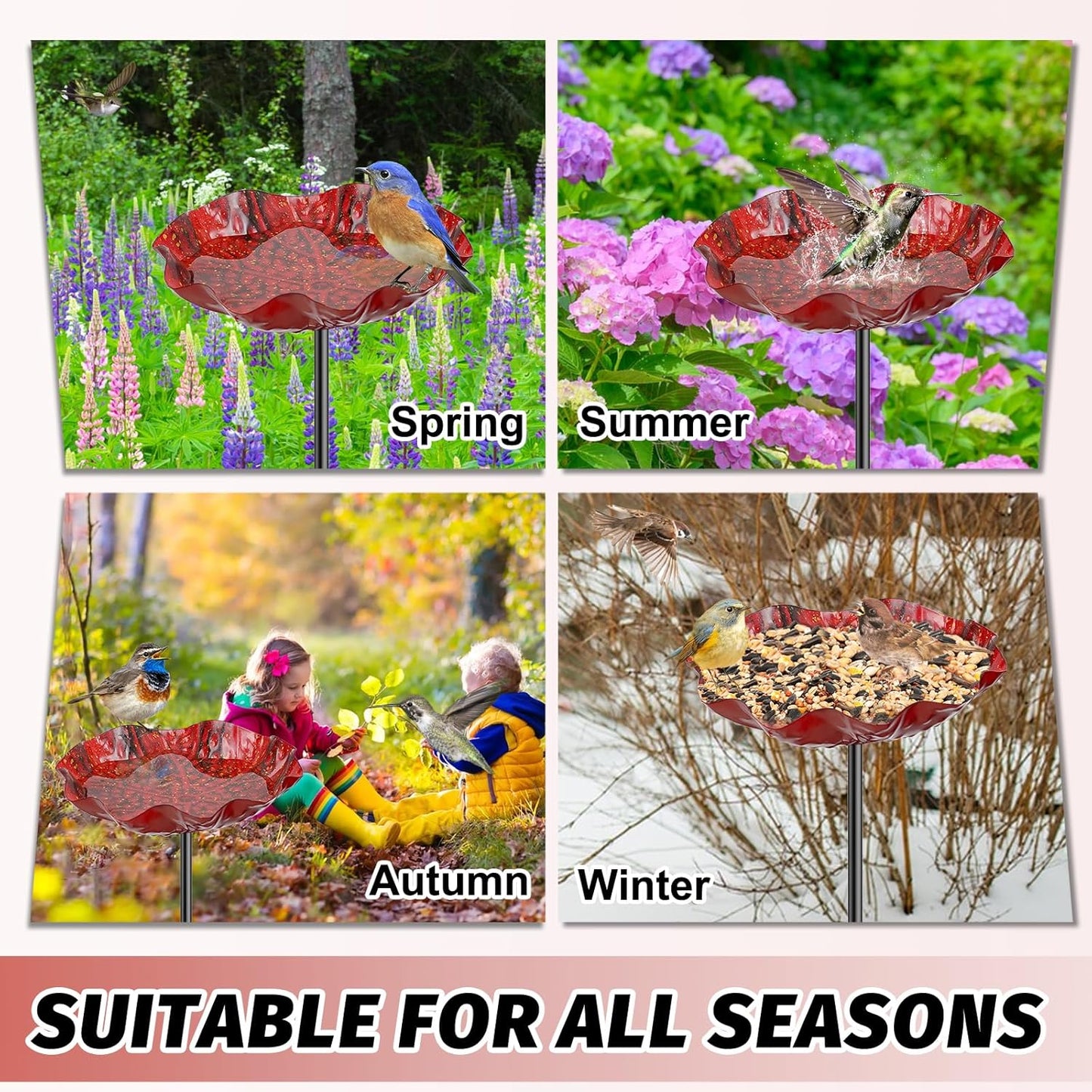 4PCS Hummingbird Bird Bath for Outside, Freestanding Metal Flower BirdBaths Bowl with Stake, Detachable Birdfeeder for Outdoor Yard Lawn Garden Decor (4PCS-Red-Yellow-Blue-Green)