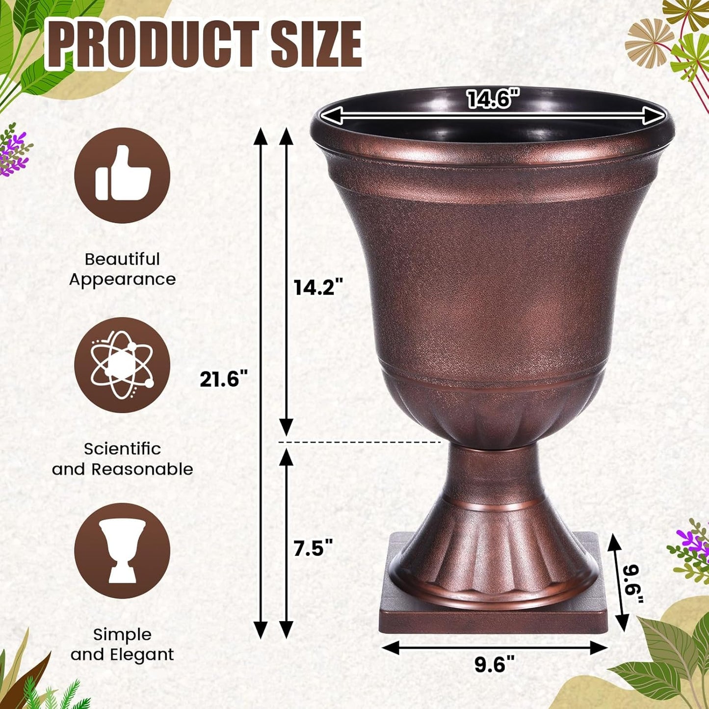 Dandat 4 Pack Large Outdoor Urn Planter 22 inch Tall Plastic Planter for Front Proch Classic Vase Decorative Garden Pot for Indoor Outdoor Door Patio Deck Decor (Vintage Copper)
