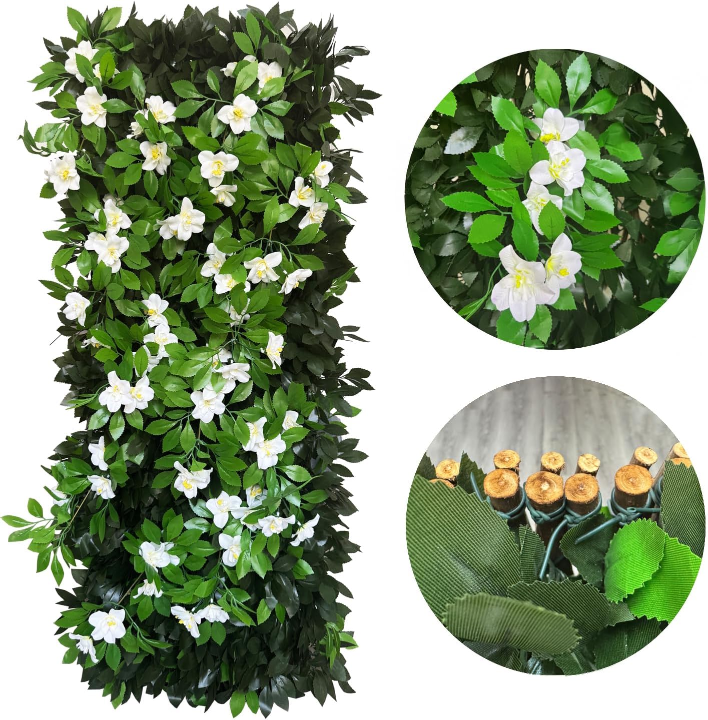 Expandable Fence Privacy Screen for Balcony Patio Outdoor,Decorative Faux Ivy Fencing Panel,Artificial Hedges (Single Sided Leaves) (1, Branches -White Fowers)