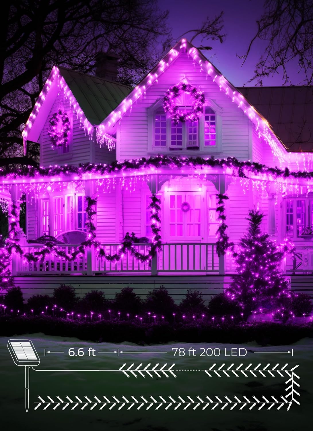 Brightown 2-Pack 400LED 170FT Total Halloween Solar Outdoor Lights IP65 Waterproof Solar Powered Lights with 8 Lighting Modes for Party Garden Yard Home Holiday Tree Decoration Lighting,Purple