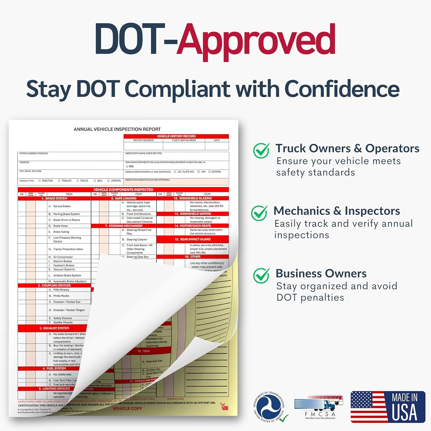 25 Pack 3-Ply Carbonless Annual Vehicle Inspection Report Forms with FMCSA 2-Ply Mylar Laminate Adhesive Vinyl Labels, DOT Inspection Forms and Stickers, Shrink-Wrapped, 8.5" x 11.75" - Made in USA