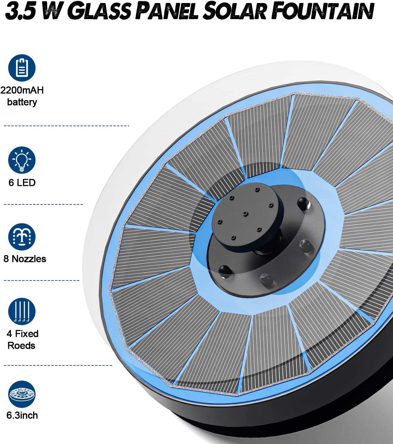 Solar Fountain Glass Panel with 2200 mah Battery, 3.5W Floating Solar Water Fountain with 4 Fixed Rods, Solar Fountain Pump for Bird Bath, Garden, Pond, Pool, Outdoor-White Lights