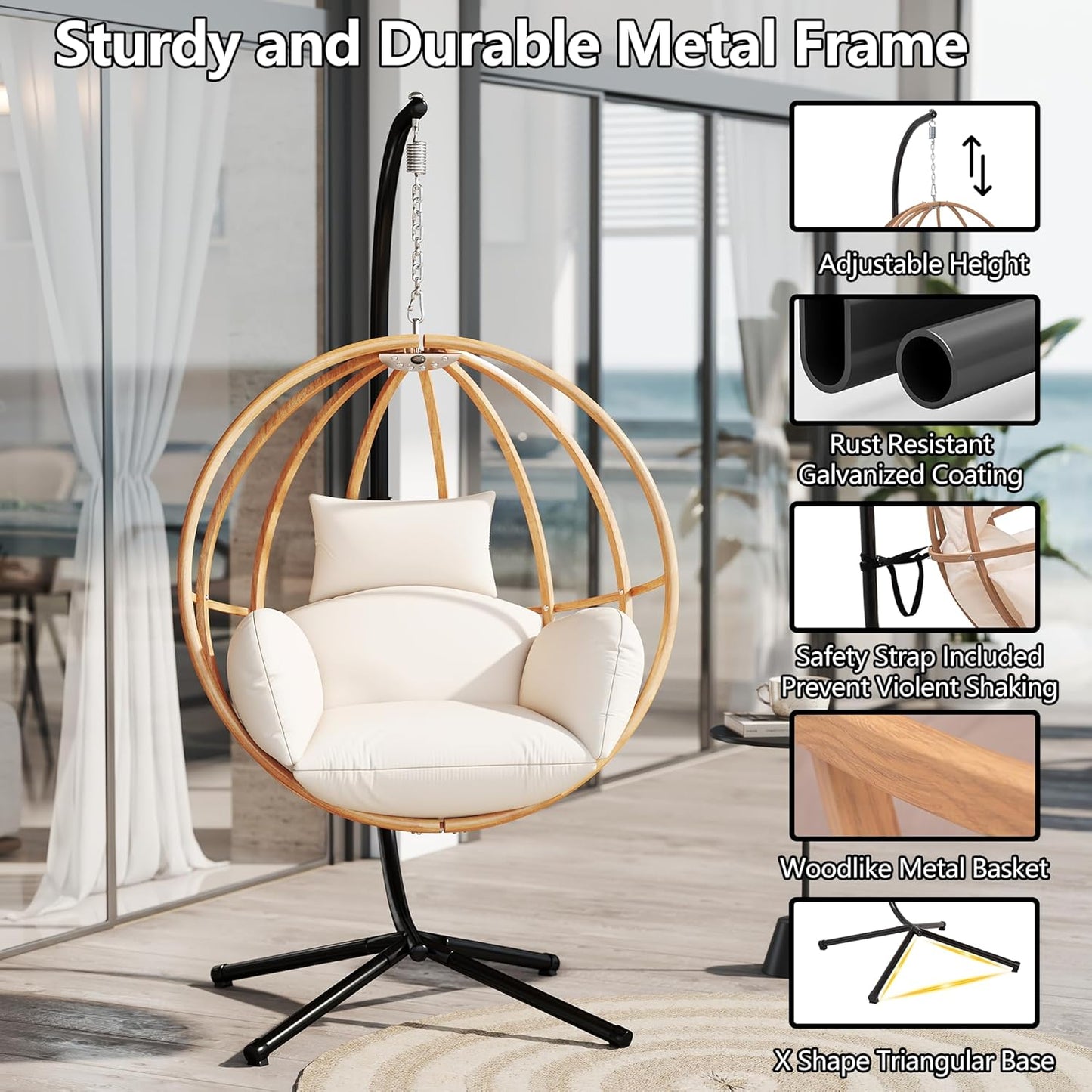 Egg Chairs Outdoor, Hanging Egg Chair with Stand, All Weather Swing Chair, Modern Swinging Egg Chairs Indoor, Metal Hanging Chairs with Cushions, Patio Lounge Chair for Balcony/Deck, Beige