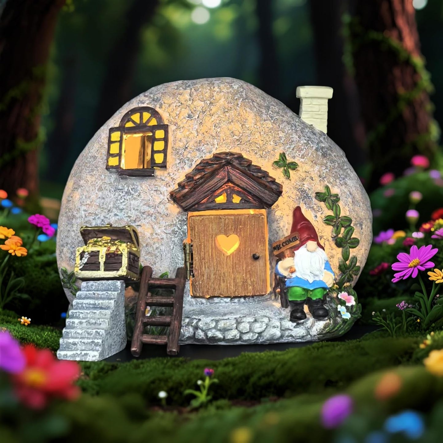 Solar Fairy Garden Houses Statues Kit, 4 Pcs Figurines Accessories House with Openable Door for Outdoor Yard Lawn Patio Proch, Christmas Housewarming Decorations, Gift Ideas for Women Kids