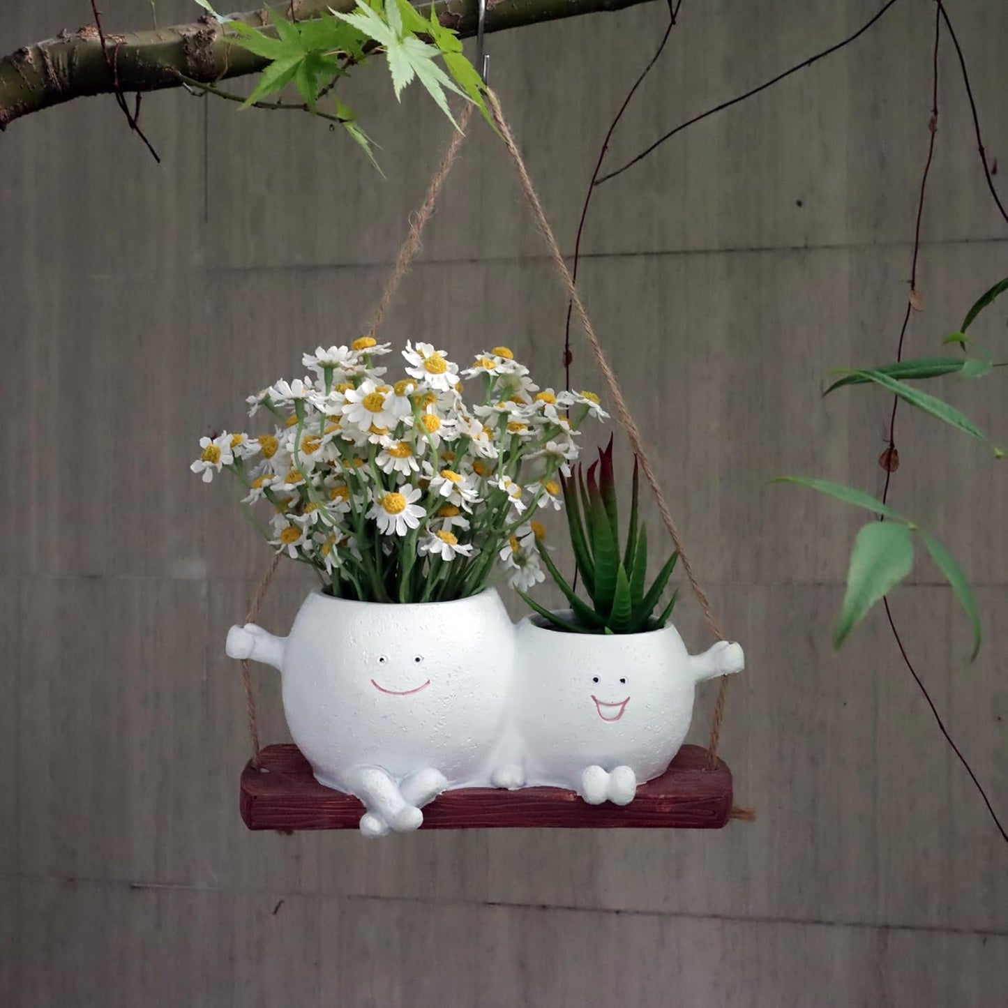 Cute Hanging Face Planter Pots, Funny Swinging Two Head Planters Cactus Plant Pots for Indoor Outdoor Plants, Unique Succulent Wall Planters Whimsical Flower Vase