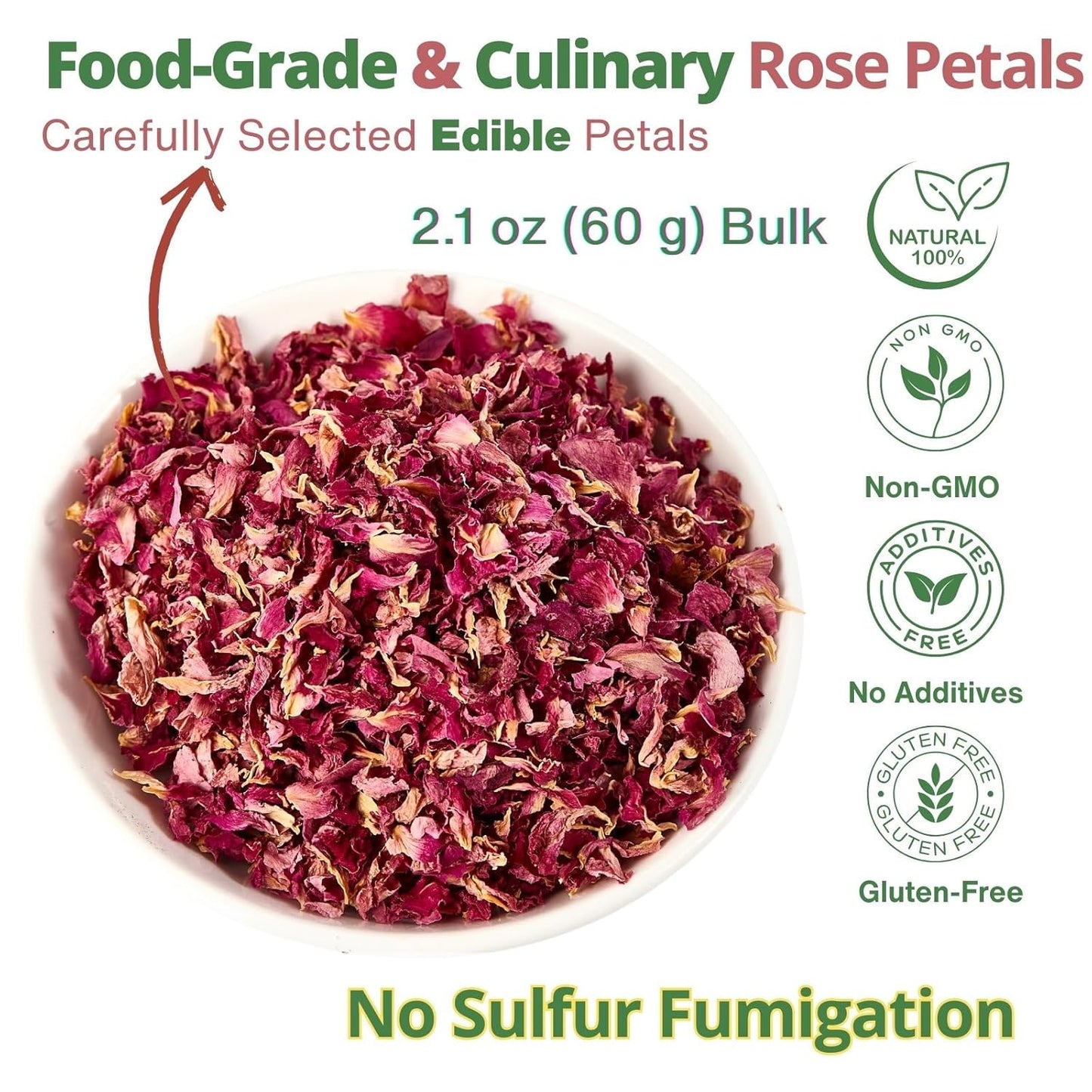 Dried Rose Petals Edible, 2.1oz (60g) Food Grade Rose Petals Tea– Culinary Roses Petals for Tea, Drinks, Baking & Cocktails, Edible Flower Petals for Cake Decorating, Desserts