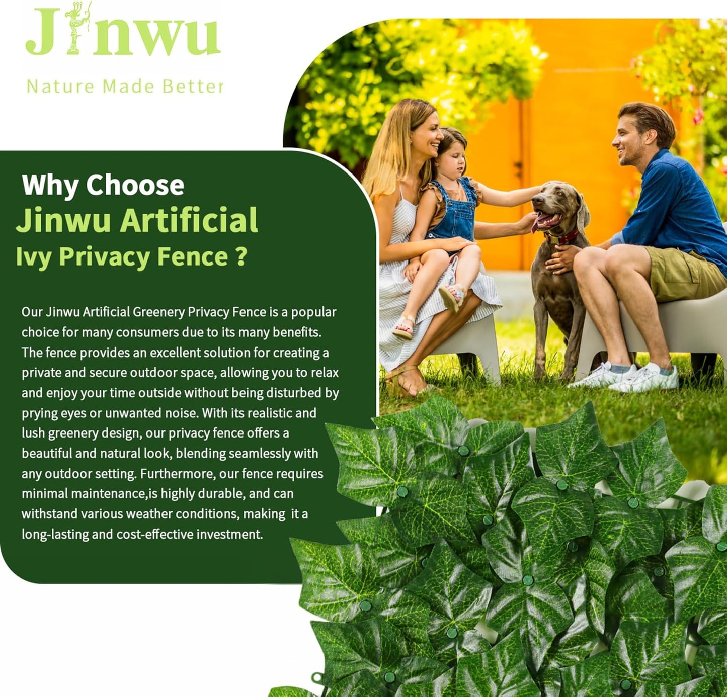 Jinwu Artificial Ivy Privacy Fence Screen (2 Rolls, Total 69x98.4 inch), Expandable Faux Privacy Fence with 79 pcs Zip Ties, Decoration for Outdoor Garden, Printed Sweet Potato Leaf