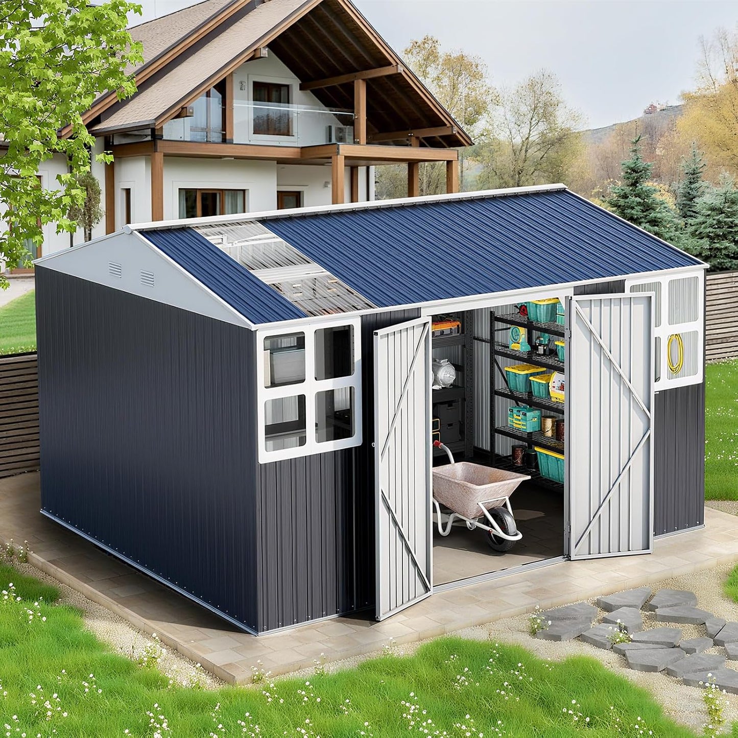 12x10 FT Metal Sheds & Outdoor Storage: Heavy Duty Garden Sheds with Dual Transparent Panels, 2x4-Pane Windows & Hinged Double Doors, Weatherproof Tool Shed for Backyard, Garden, Patio, Grey/White