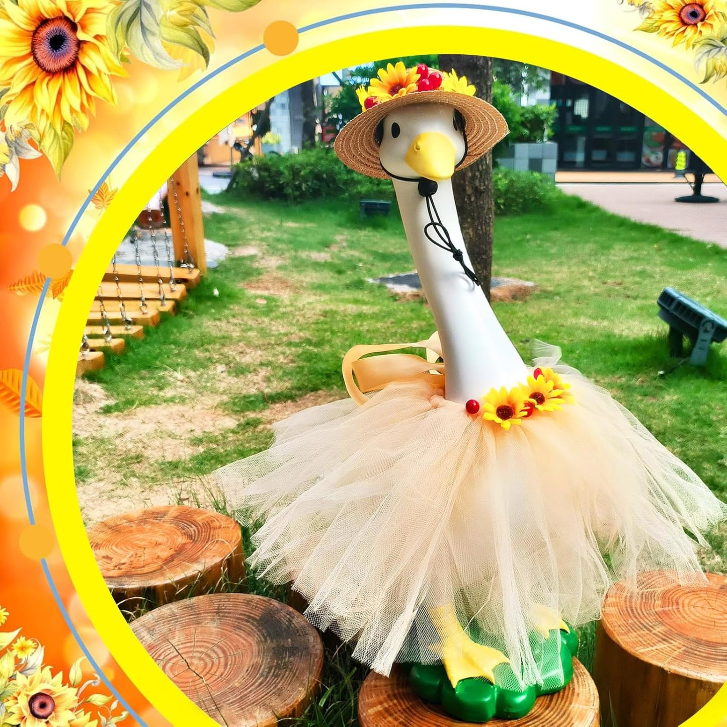 Large White Goose Statues Cygnus, Cute Big Bird Decor Garden Sculpture with Sunflower Outfits and Hat Duck Figurine Indoor Outdoor Porch Backyard Pool Lawn Ornaments 19’’ Birthday Holiday Decorations