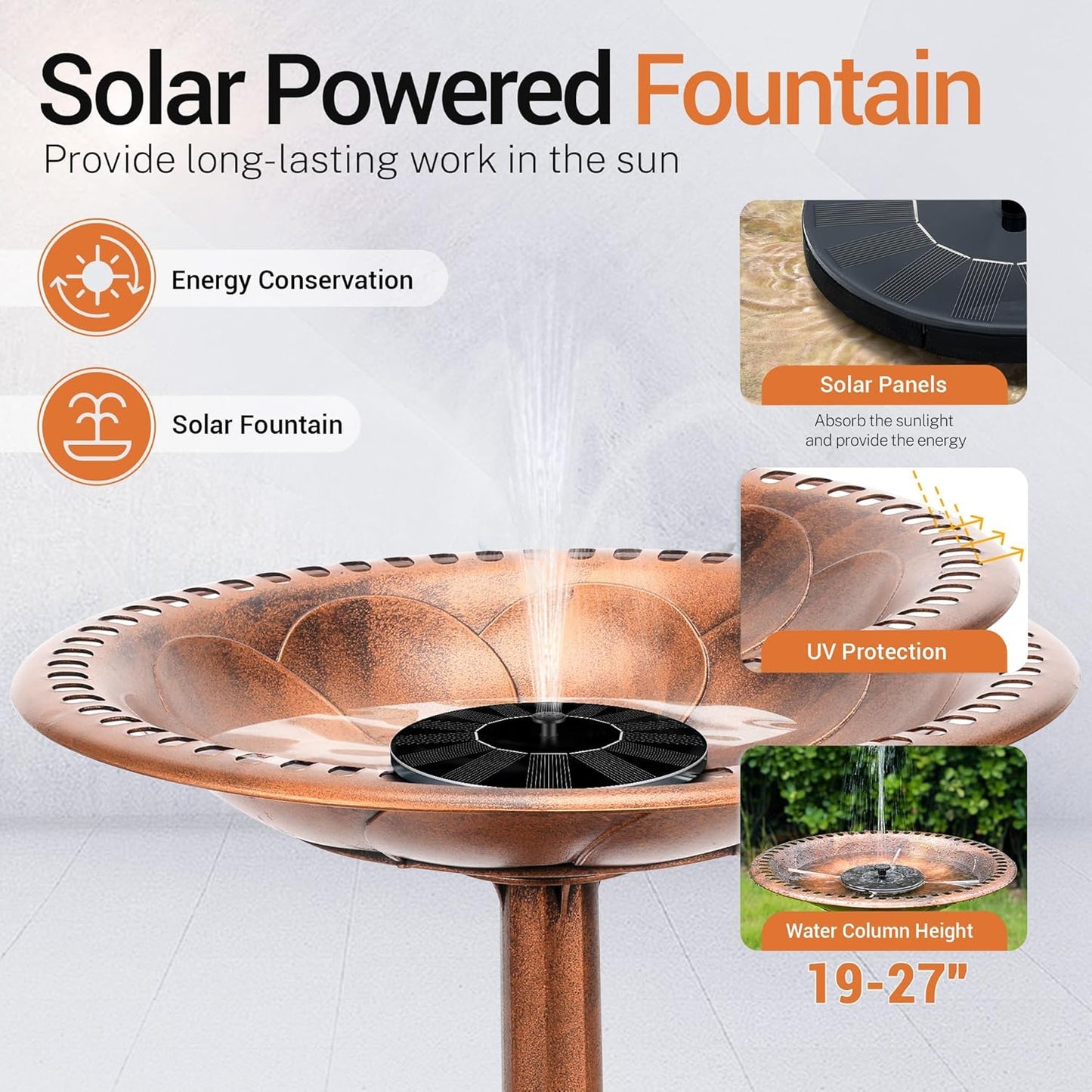Bird Bath 28 Inch Height with Solar Powered Fountain, Polyresin Standing Antique Birdbath for Outdoor Garden Decor, Copper