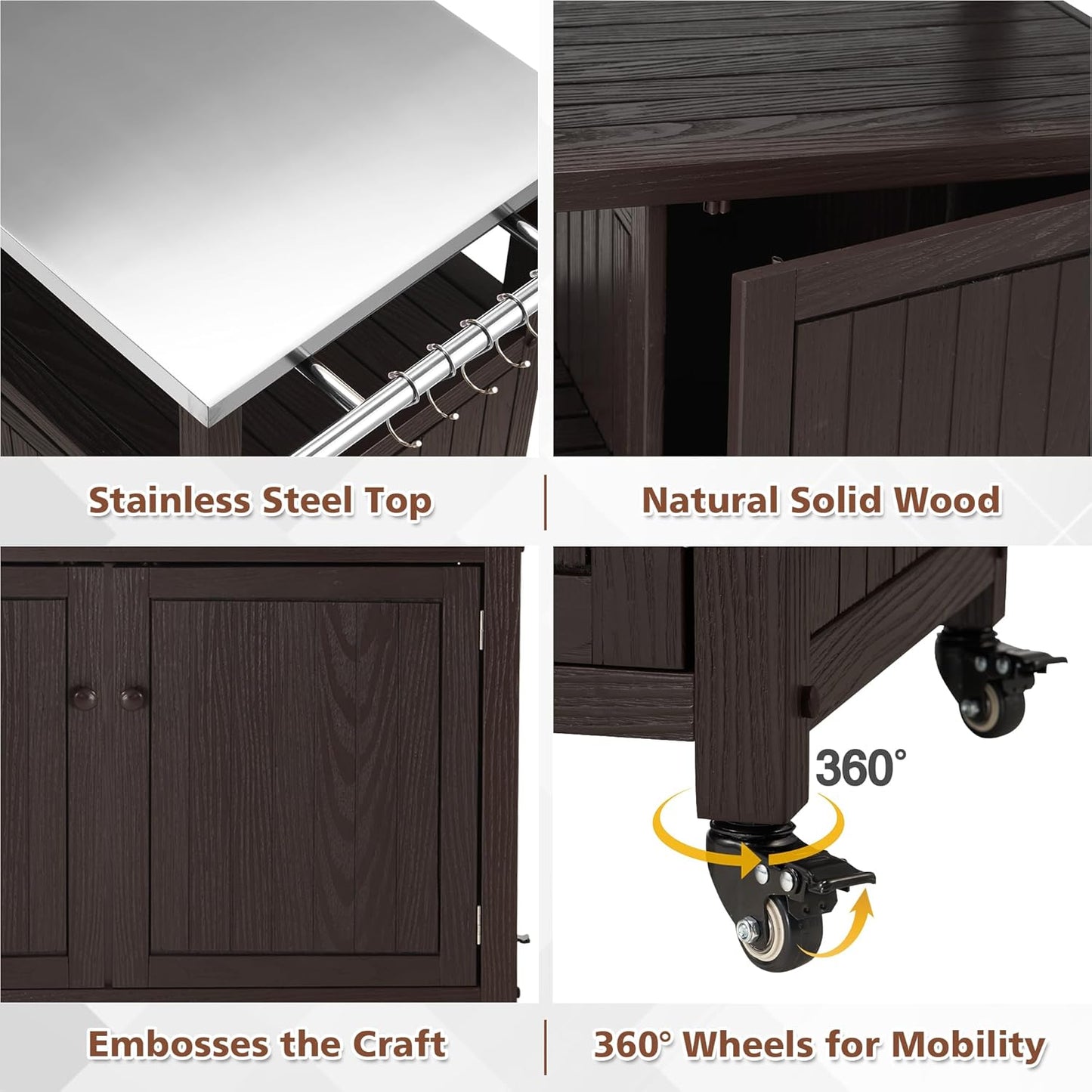 AHB Outdoor Grill Table Solid Wood Storage Cabinet, Rolling Kitchen Island, Movable Bar Cart with Stainless Steel Top for Outside Patio, Backyard, Garden (Two Doors)