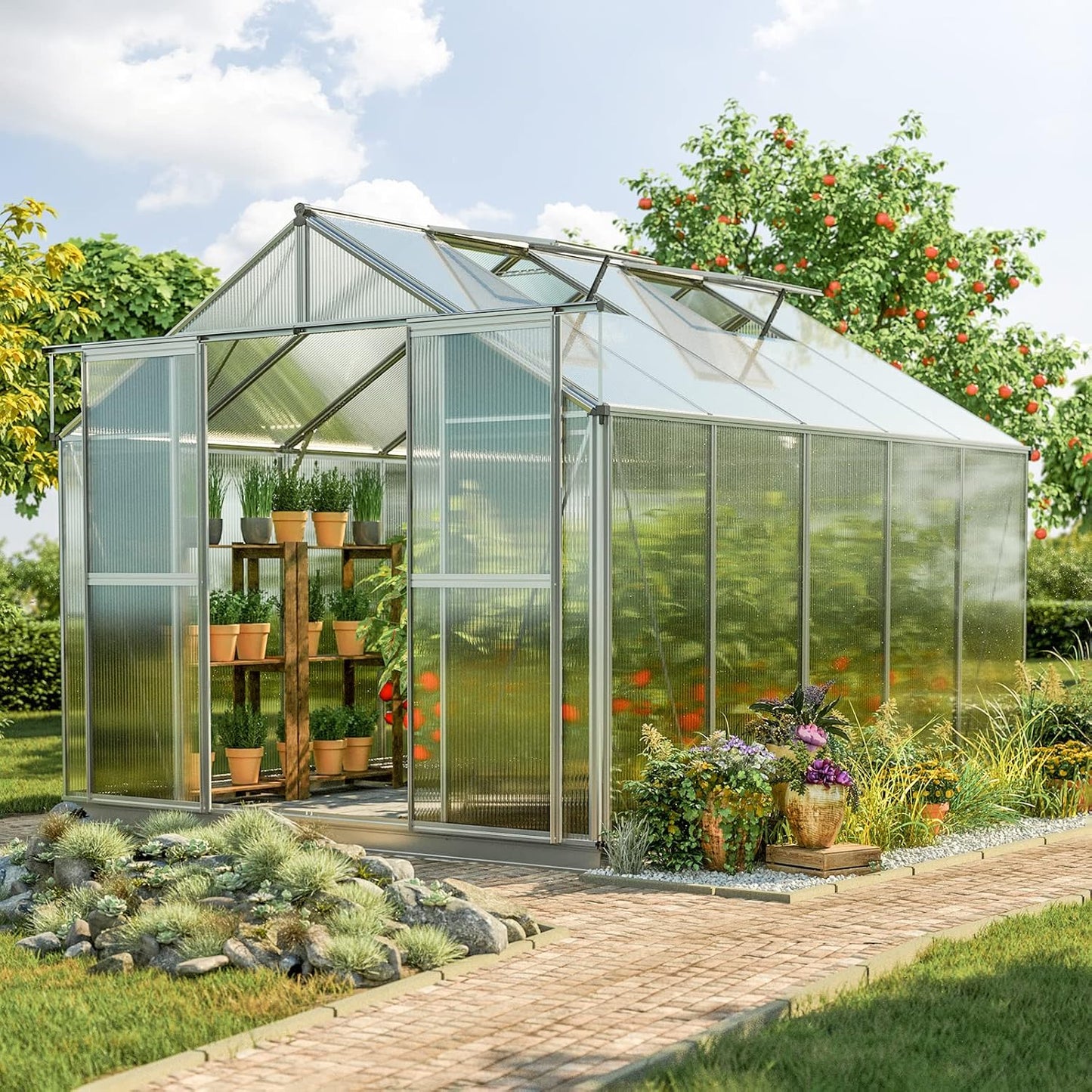 Greenhouse Topas 5 Aluminum Frame 7.4 x 10.6 ft Approx. 6 mm Polycarbonate Panels - with Bonus Base Frame and Automatic Vent Opener