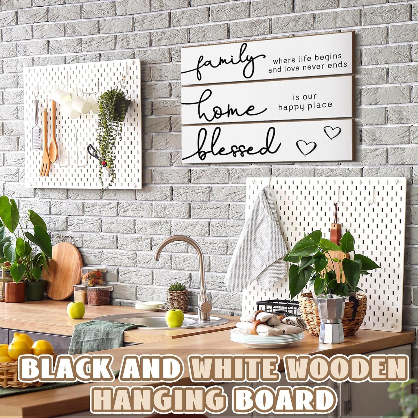 Jetec 3 Pieces Rustic Wood Sign Wall Decor Live Love Blessed Family and Love Quote Sign Farmhouse Wall Mount Decoration for Home Kitchen Living Room, 12 x 3 x 0.2 Inch(White, Black,Novel)