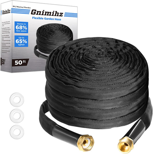 Garden Hose 50ft, Made of TPE(Not PVC), Ultra-Light & Flexible Water Hose with Solid Brass Fittings, Non-Shrinking, Easy to Storage, Drinking Water Safe Material, All-weather, Black, Newbox