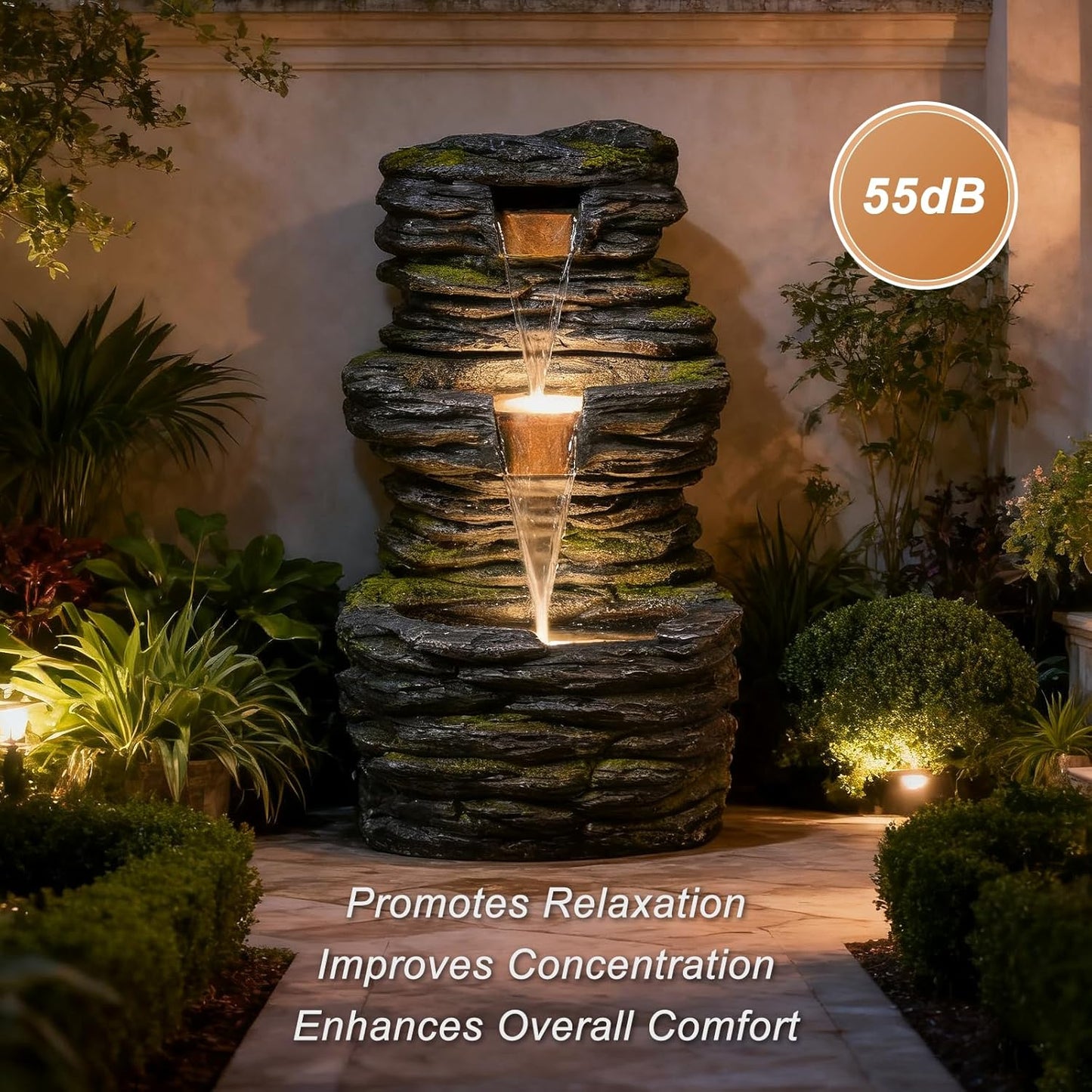 28.8” Tall Rock Water Fountain Outdoor Garden, 3-Tiers Cascading Rock Natural Waterfall Fountains with LED Lights, Indoor Resin Water Feature Fountain for Patio, Garden and Backyard, Deck, Porch, Home