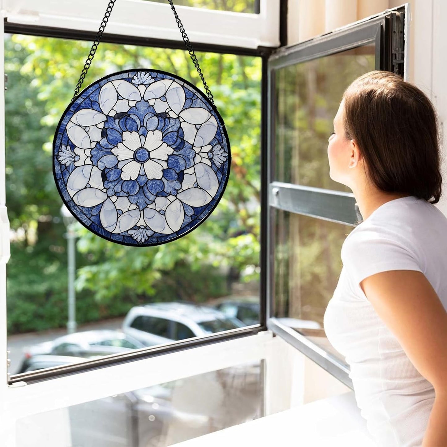 Stained Glass Window Hanging - Blue White Floral Pattern Suncatcher for Doors Garden Retro Sun Catchers Decor Christmas Mother's Day Birthday Gifts for Women Men Mom Nana Friend Girl 11.8 in
