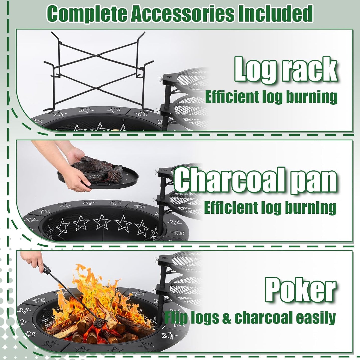 32.5" 3-in-1 Fire Pit Table with Dual Grills – Wood Burning Firepit for Outside Cooking, BBQ Grate & Round Patio Table – Includes Charcoal Pan, Log Rack,Poker & Lid for Backyard, Garden