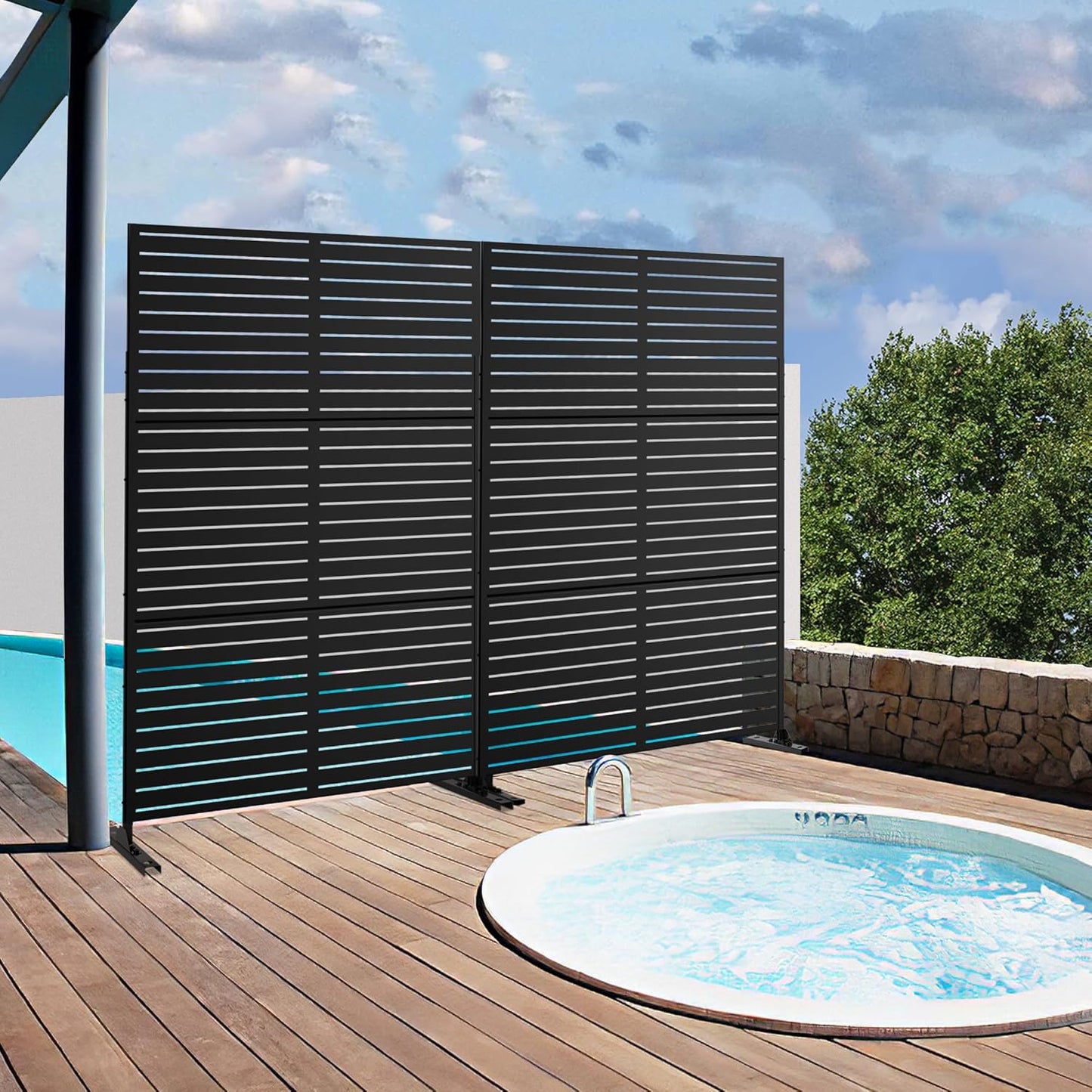 Metal Privacy Screen Outdoor 72" H×47" W,Freestanding Decorative Privacy Screen for Balcony Yard&Garden,Privacy Fence-Black&Louvered