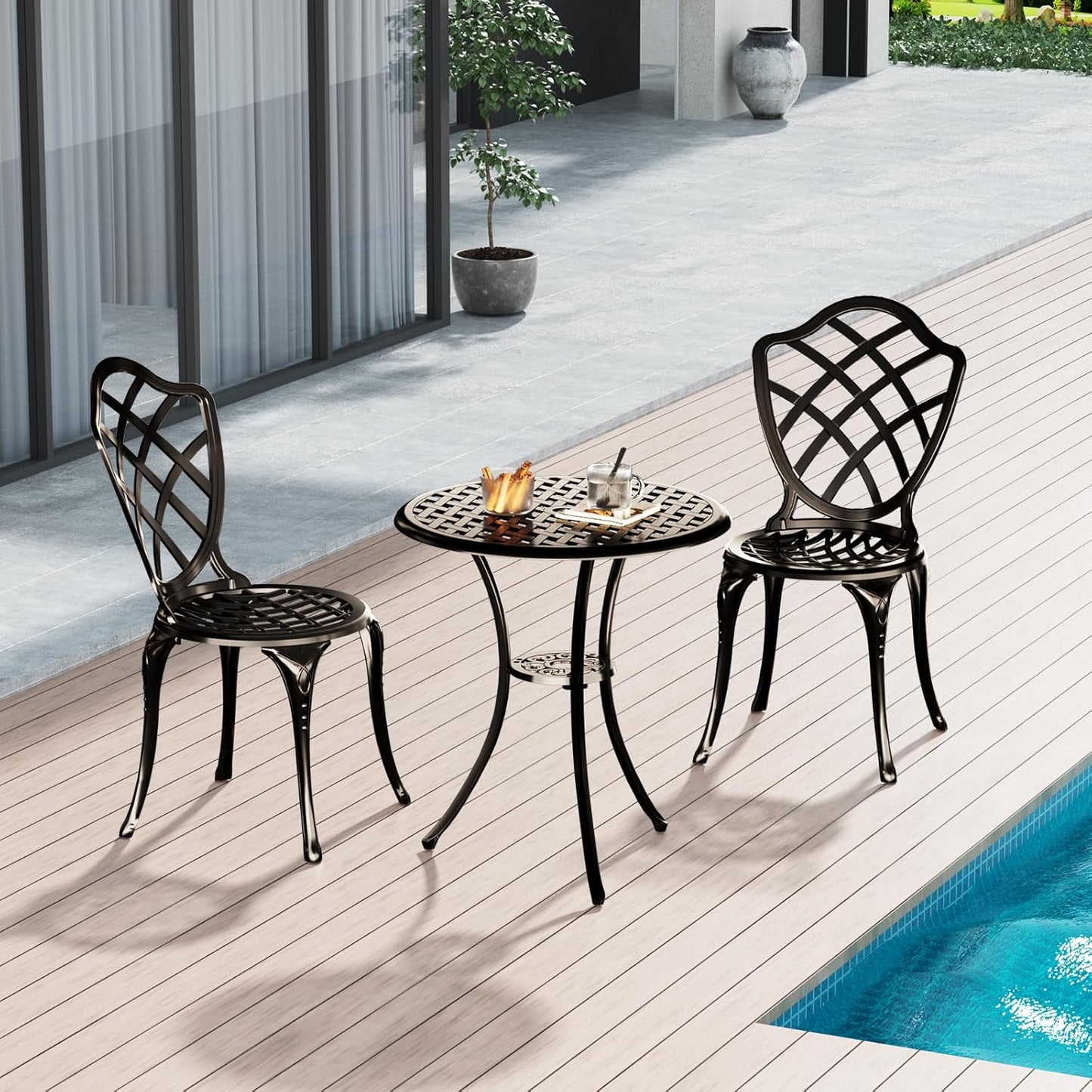 3 Piece Patio Bistro Set, Outdoor Bistro Table and Chairs Set of 2 w/Umbrella Hole, Rust-Resistant Cast Aluminum Bistro Set for Garden/Balcony/Backyard, Bronze