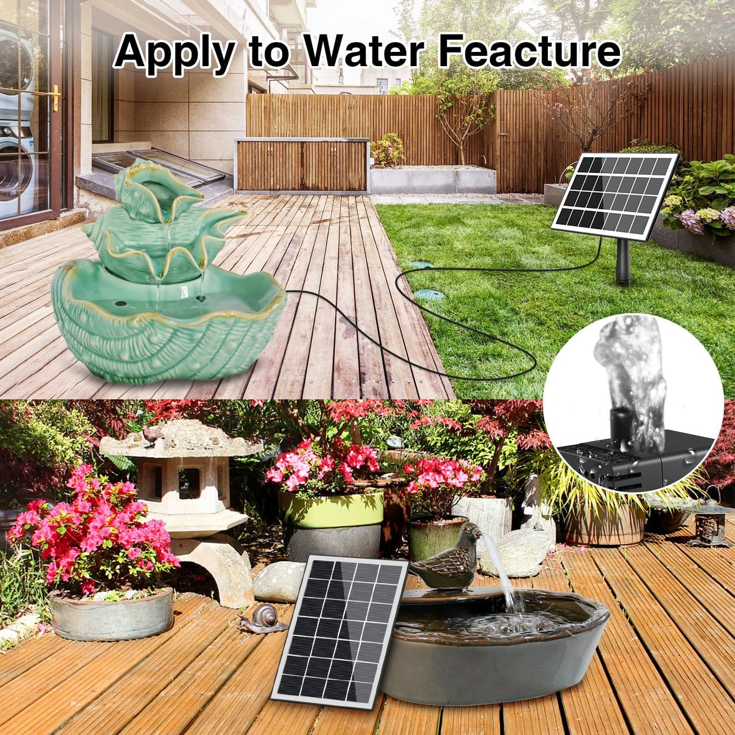 Solar Fountain Kit Works in Shade Glass,3.5W Solar Water Pump with 2000mAH Battery, Solar Bird Bath Fountain with Sucker and Stake for Garden, Outdoor, Water Feature-16.4ft Power Cord,7 Nozzles