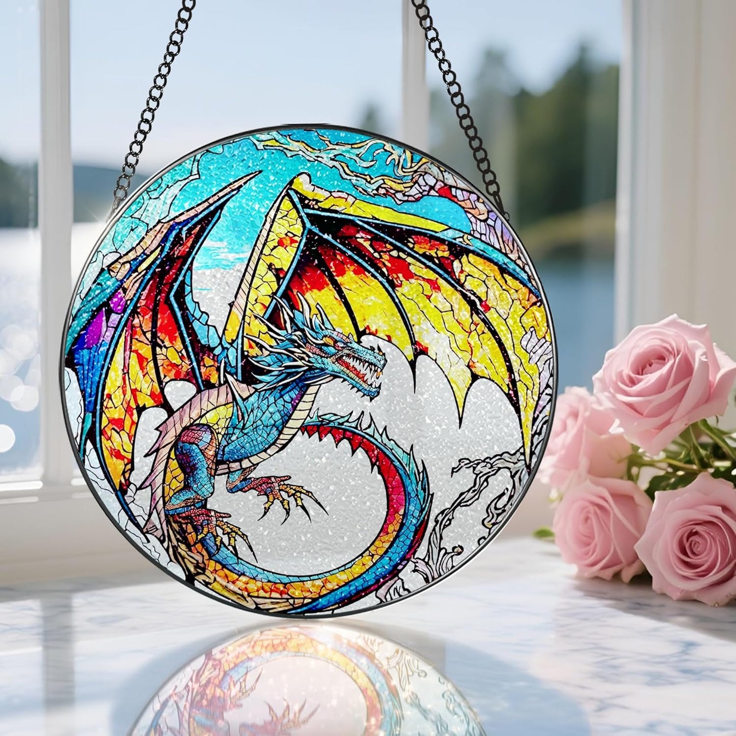 Stained Glass Window Hanging, Stained Glass Suncatcher, Dragon Sun Catcher, Window Decor, Dragon Lover Gift, Gifts for Fathers Day, Christmas or Birthday Gift, Gifts for Him Dad Grandfather Son