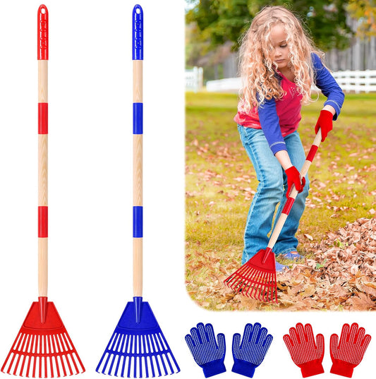 2 Pcs 35'' Kids Rakes for Leaves - Plastic Rake Head with 2 Pairs Kids Gloves, Small Kids Lawn Rakes Detachable Wooden Handle, Autumn Garden Tool Set for Kids Boys and Girls, Red & Blue, 3yr+
