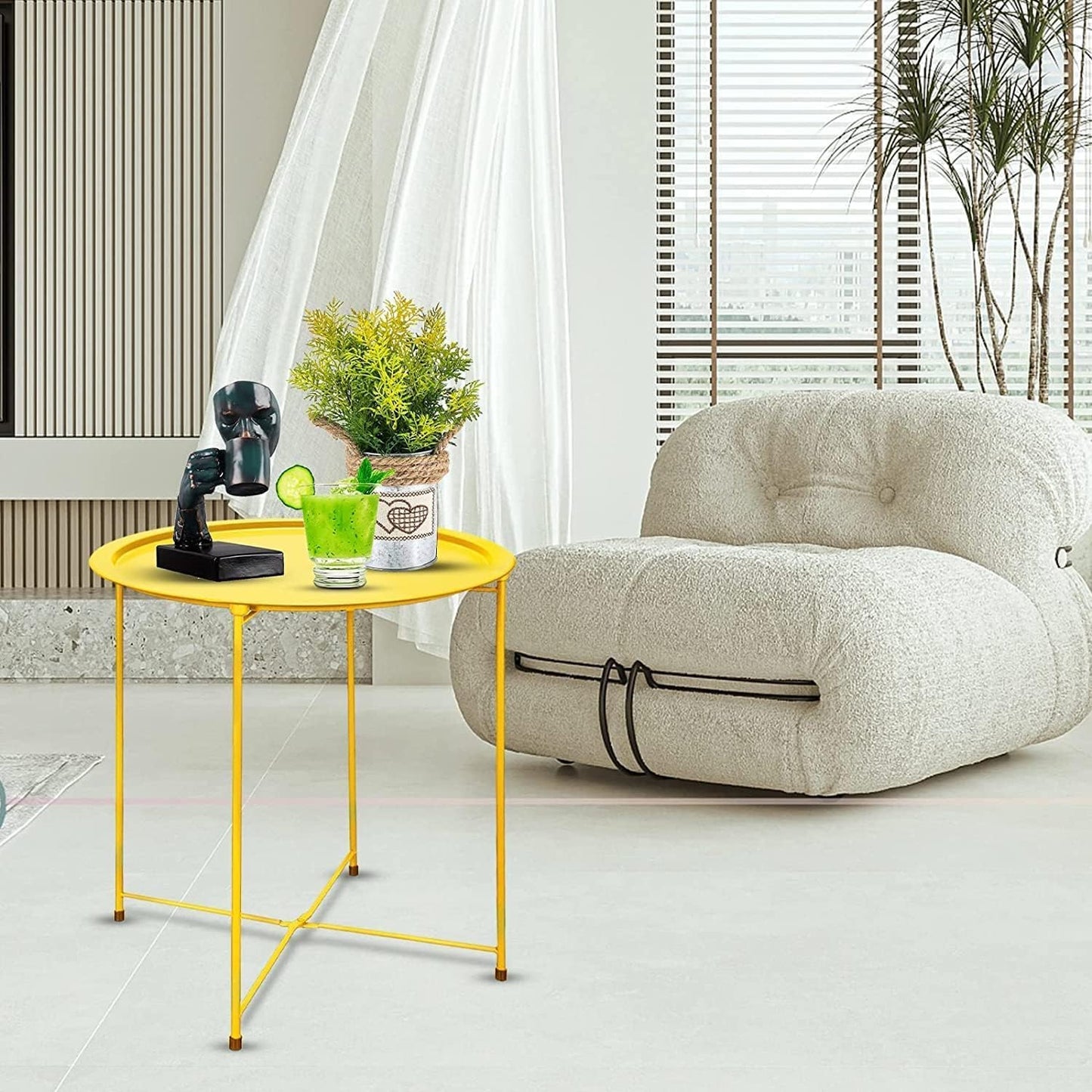 Garden 4 you Small Side Table, Round End Table, Outdoor Side Table with Metal Frame, Bedside Table for Living Room, Bedroom, Patio, Small Space, Yellow