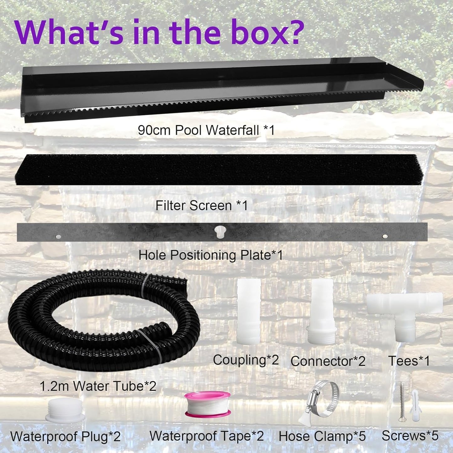 Pond Waterfall Spillway Pool Fountain Water Feature, Black Stainless Steel Outdoor Fountains, Swimming Pool Water Flow Waterfalls Kit for Garden Patio Ponds-35.4"x7.8"x3.9"(NO Light)