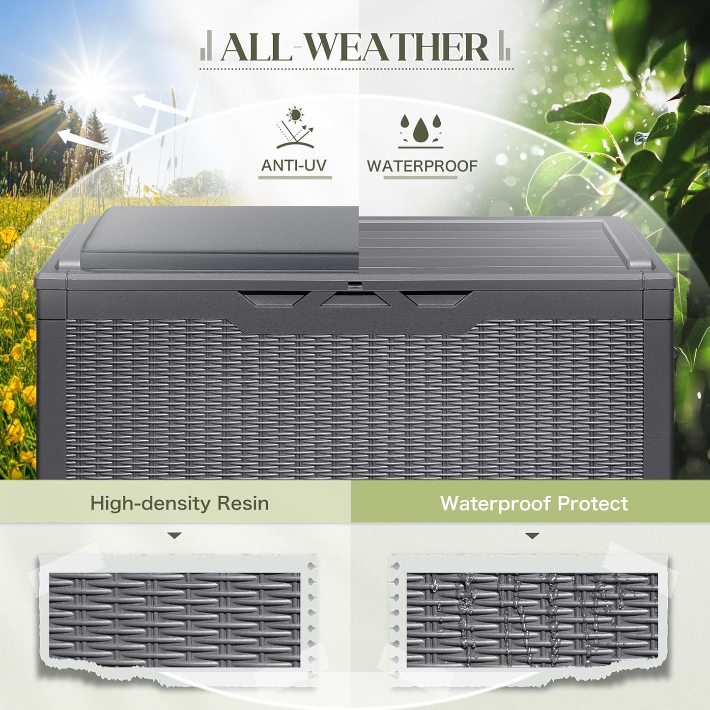 Greesum 100 Gallon Resin Deck Box Large Outdoor Storage with Cushions for Patio Furniture, Garden Tools, Pool Supplies, Weatherproof and UV Resistant, Lockable,Gray