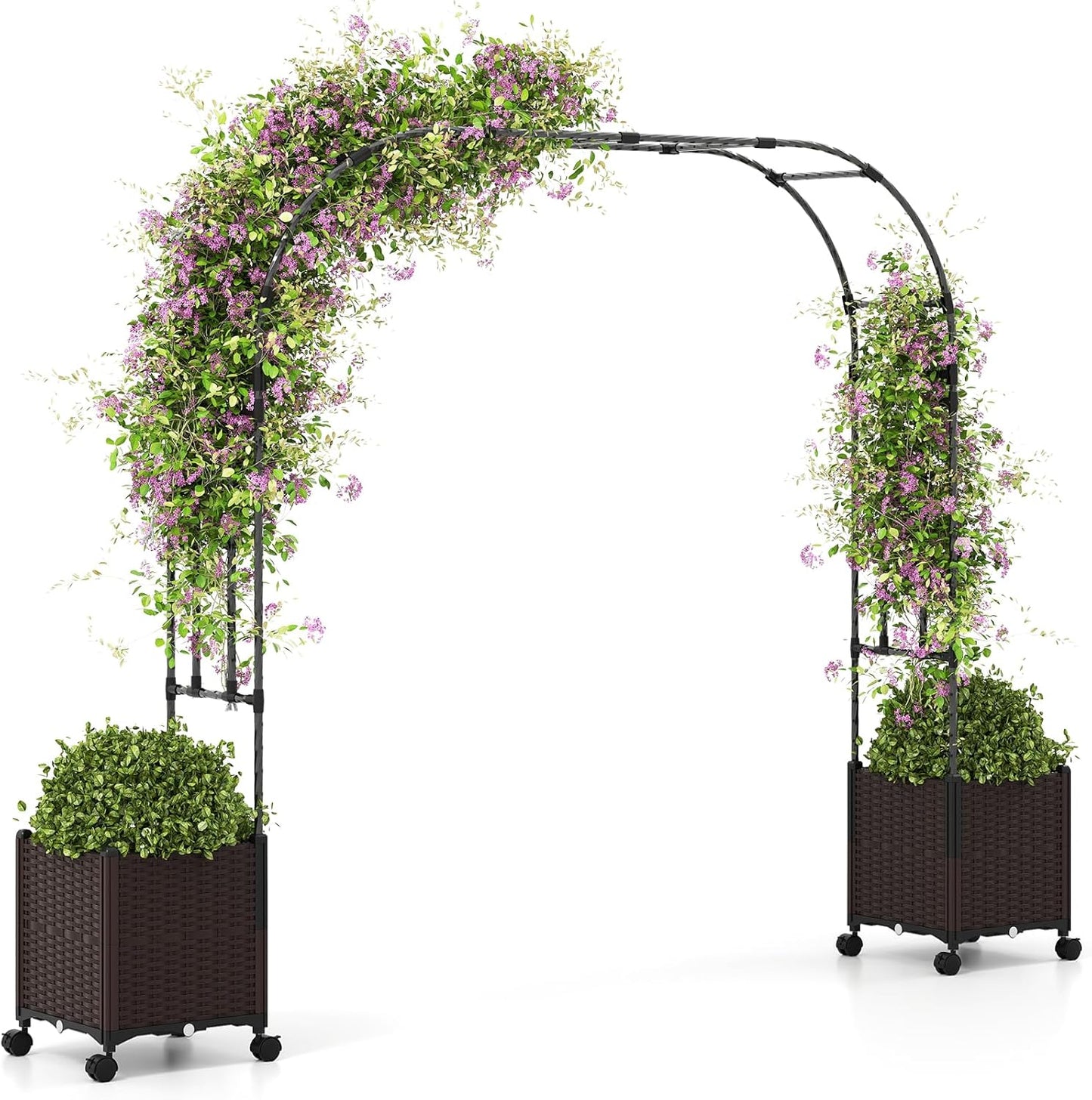 Happygrill 80" Garden Arch Trellis, Metal Archway Pergola with 2 Planter Boxes, Detachable PE-Coated Metal Tubes, Self-Watering System & Lockable Wheels, Outdoor Arbor for Climbing Plants