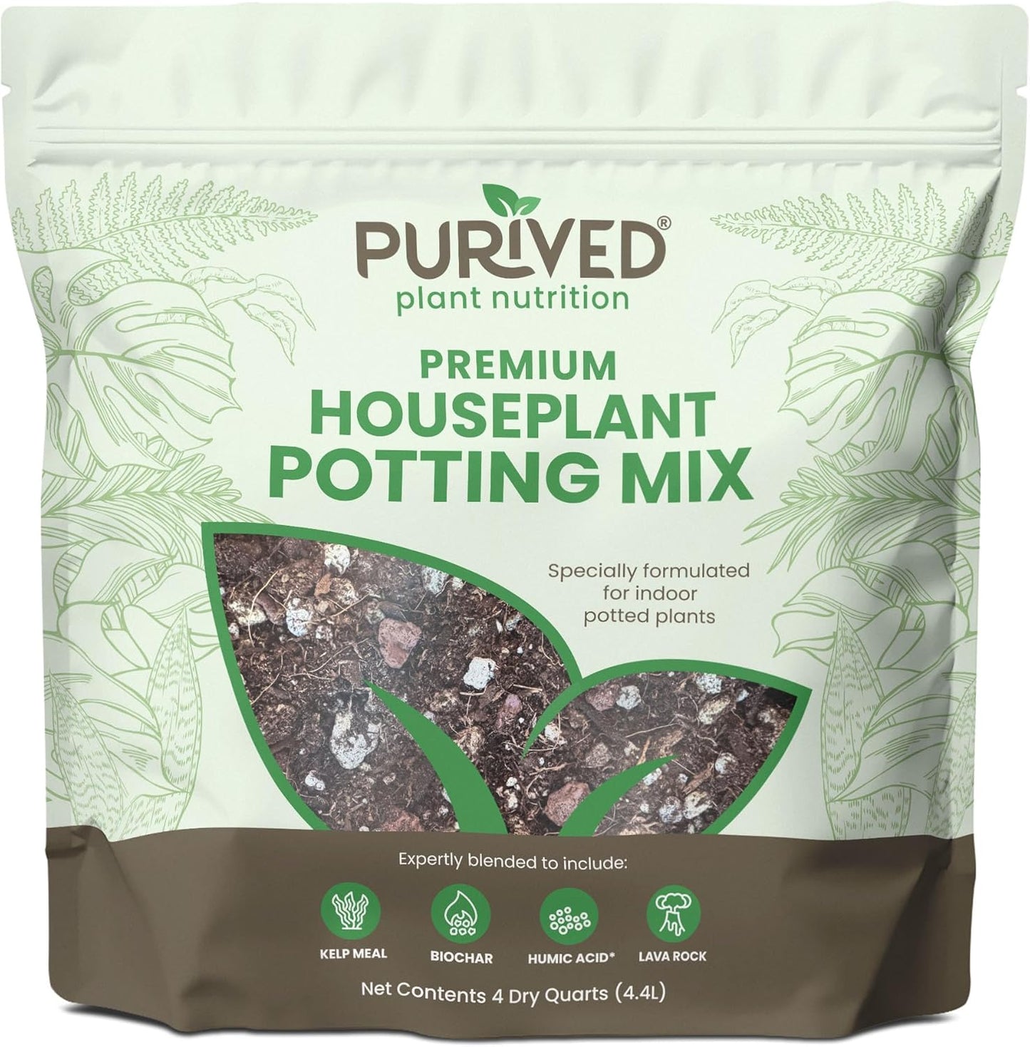 Purived Premium Houseplant Potting Mix | 4 Quarts | Ideal Soil Drainage & Moisture Retention for Indoor Potted Plants | with Kelp, Biochar, Lava Rock & Humic Acid | Made in USA