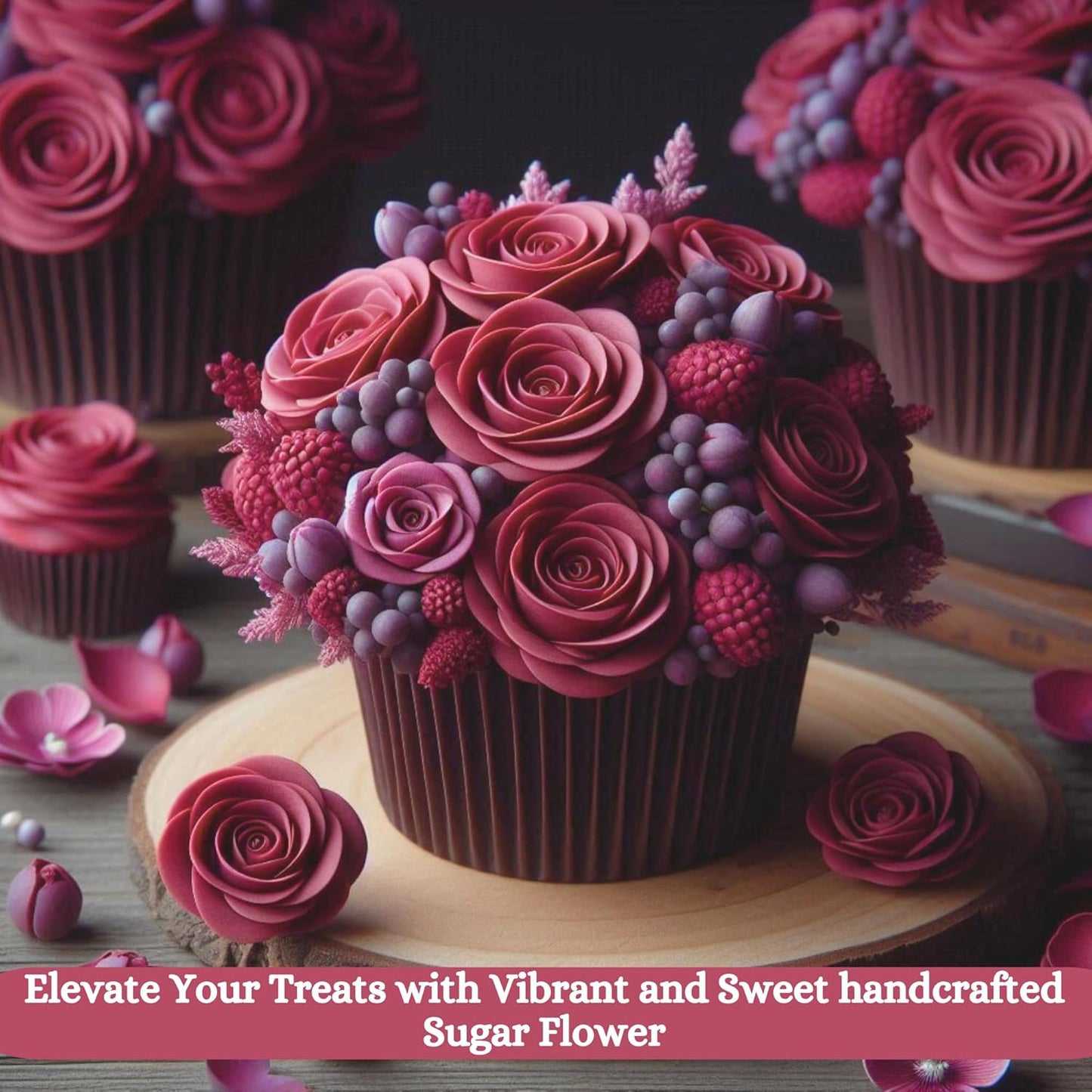 Confect Edible Flower | Edible Flower for cake decorations | Edible Flower Cupcake Toppers | Cupcakes & Doughnut Edible Toppers | Rich Deep Burgundy Sugar Flower- Pack of 12