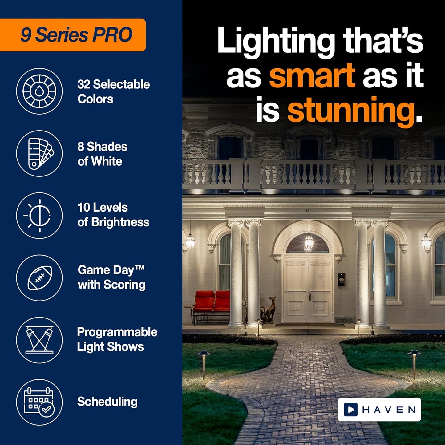 Haven Lighting 9 Series Pro Landscape Lighting Kit - Professional-Grade App Controlled Smart Lights with WiFi - Color Changing Exterior House Lighting, 12-Up/5-Path LED Lights