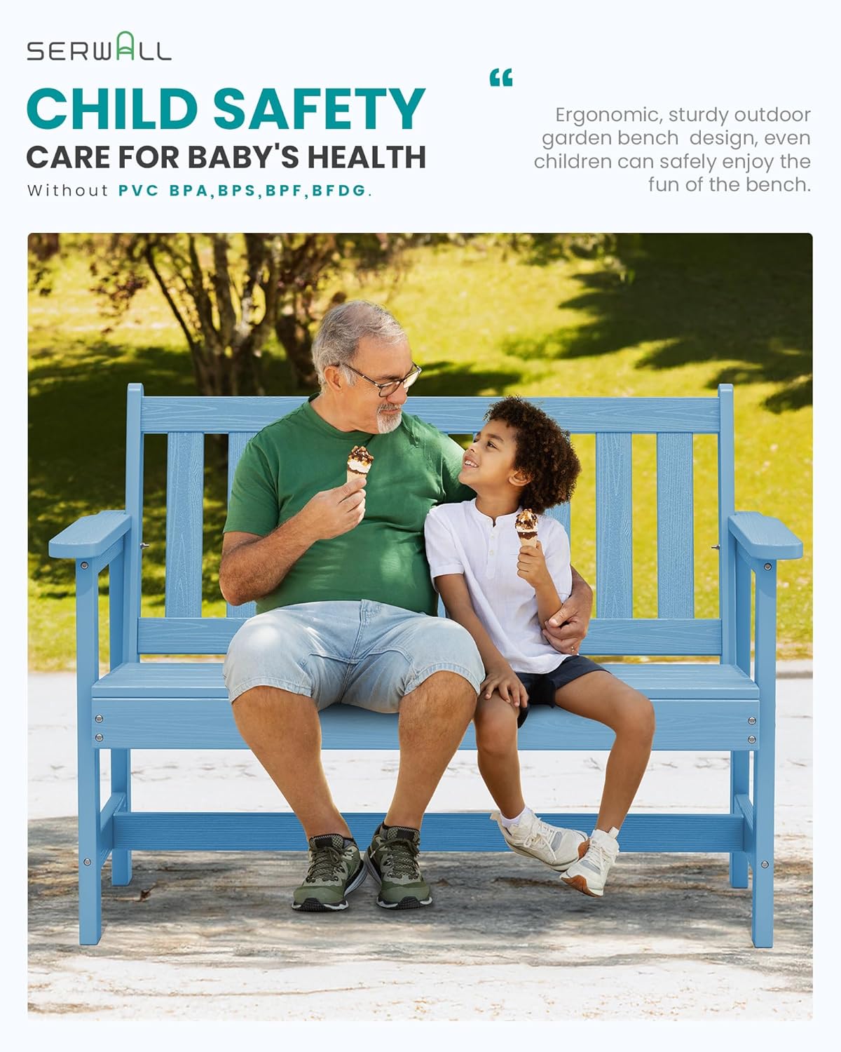 SERWALL Outdoor Bench, HDPE Outdoor Benches Weatherproof, 2-Person Garden Bench with 660 lbs Weight Capacity, Patio Benches for Outdoors, Garden, Porch, Backyard and Park, Light Blue, 4 Pack