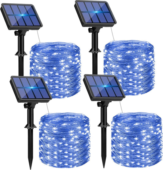 4 Pack Solar String Lights for Outside - 320LED 132FT Solar Fairy Lights Outdoor Waterproof 8 Modes, Copper Wire Solar Powered Twinkle Lights for Tree Garden Christmas Wedding Party Decor, Blue