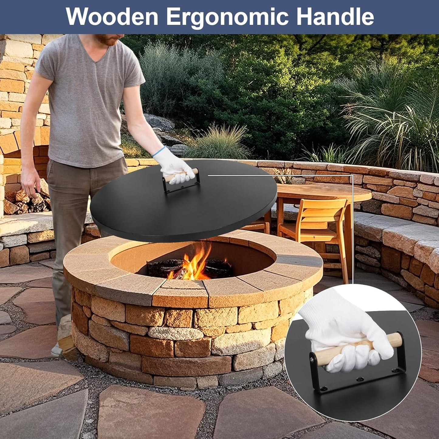 1MORE Fire Pit Lid Round 30" - Metal Firepit Lid with Wooden Handle for Patio Firepits,Rust Resistant 1.5mm Fire Pits Metal Lid,Outdoor Firepits Accessory, Smokeless Fire Pits Cover Round Metal