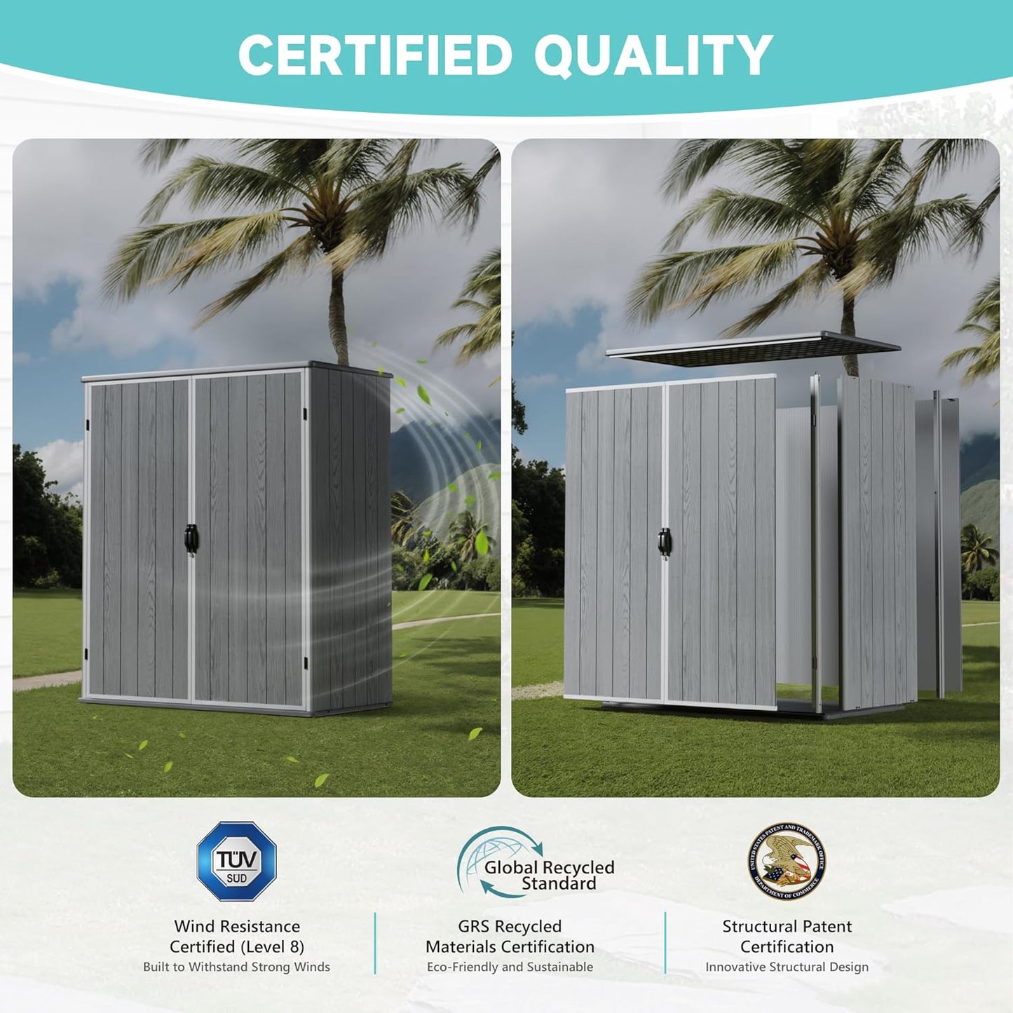 Greesum 5x3FT Plastic Outdoor Storage Shed with Floor, Resin Storaged Sheds with Lockable Door, Window & Vent, All-Weather Tool Sheds for Garden, Backyard, Pool Supplies, Light Gray (4.7×2.5FT)