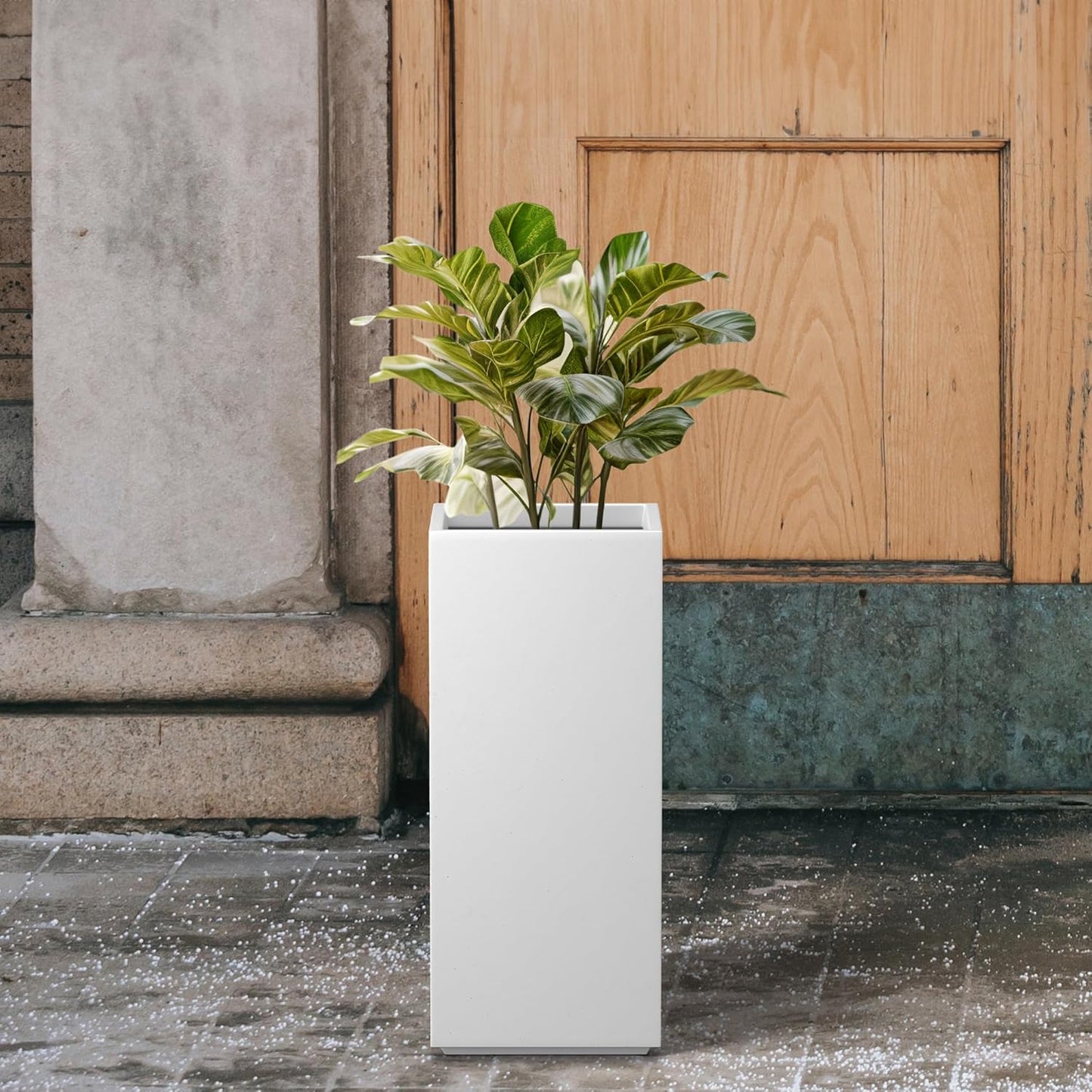 Kante 20.3" H Tall Rectangular Concrete Planter, Modern Square Diameter Plant Pot with Drainage Hole and Rubber Plug for Indoor Outdoor Home Patio Garden, Pure White