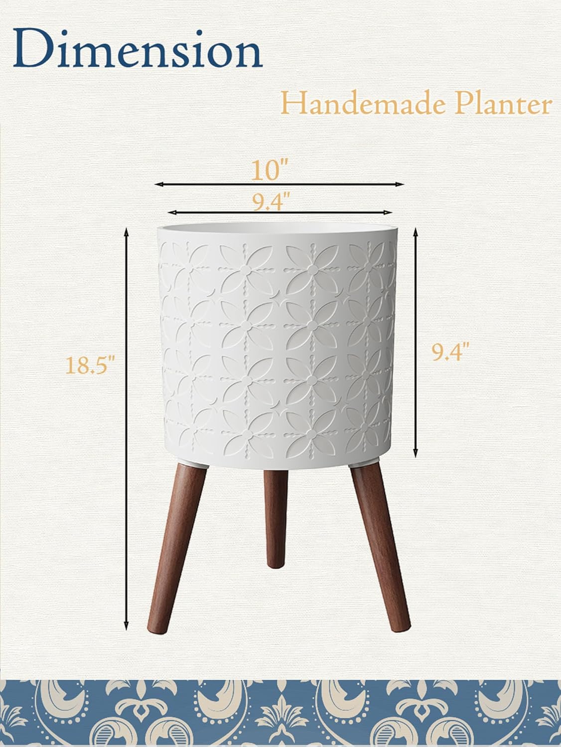 10 Inch Planter Pot with Stand, Planter for Indoor Plants, Modern Large Flower Planter Pot with Drainage Holes for Outdoor,Matte White