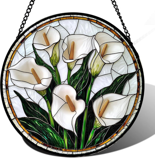 Stained Glass Window Hanging, White Calla Lily Flowers Sun Catchers Glass Panel Plant Suncatcher Decor for Birthday for Women, Men, Wife, Aunt, and Mom 14.9x14.9 in
