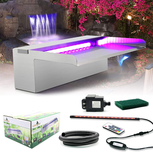 LONGRUN Waterfall Spillway Stainless Steel Pond Waterfalls with Color Changing LED Light, Outdoor Pool Fountain Water Spillway Waterfall Kit for Garden Patio Swimming Pool Koi Ponds Decoration-11.8"
