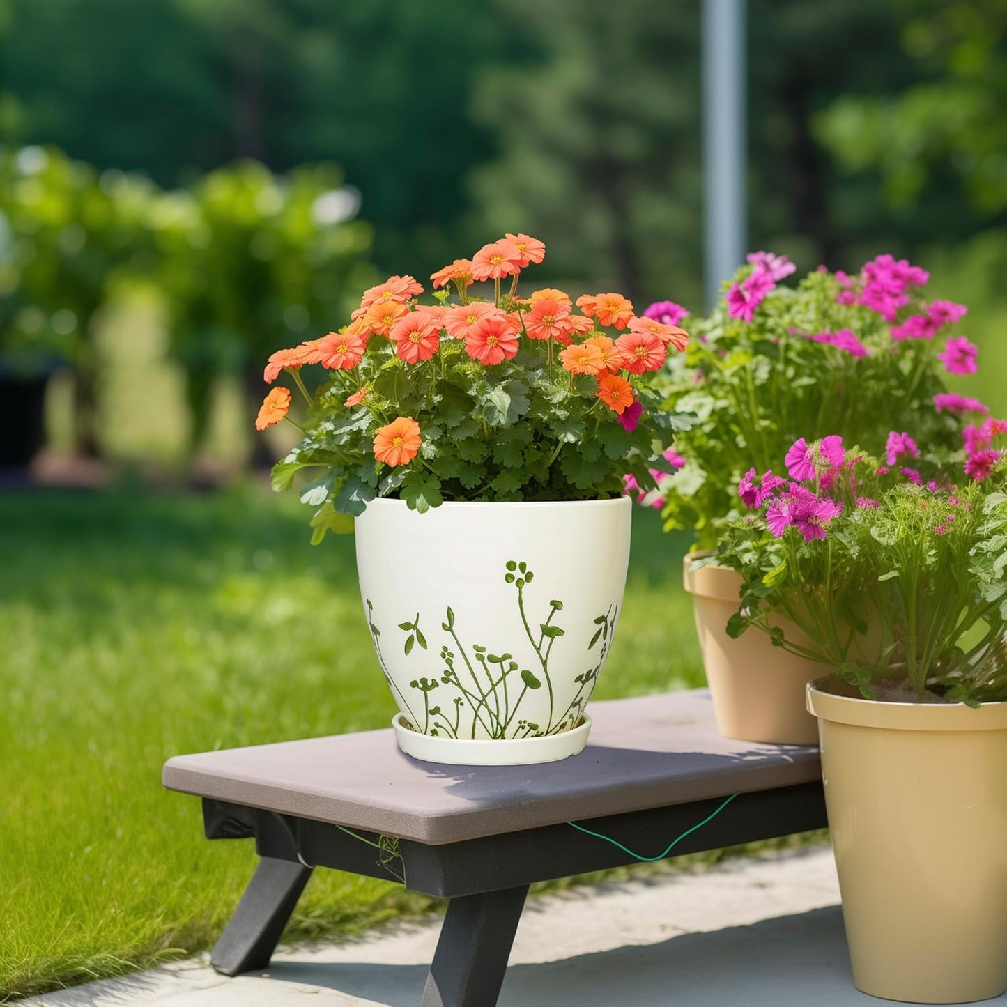 Indoor Plant Pot 8.2 Inch - Ceramic Planter with Drainage Hole and Saucer, Boho Round Decorative Flower Pot for Indoor Outdoor Flowers, Plant Lover Gifts, Office Home Garden Patio Decor, White