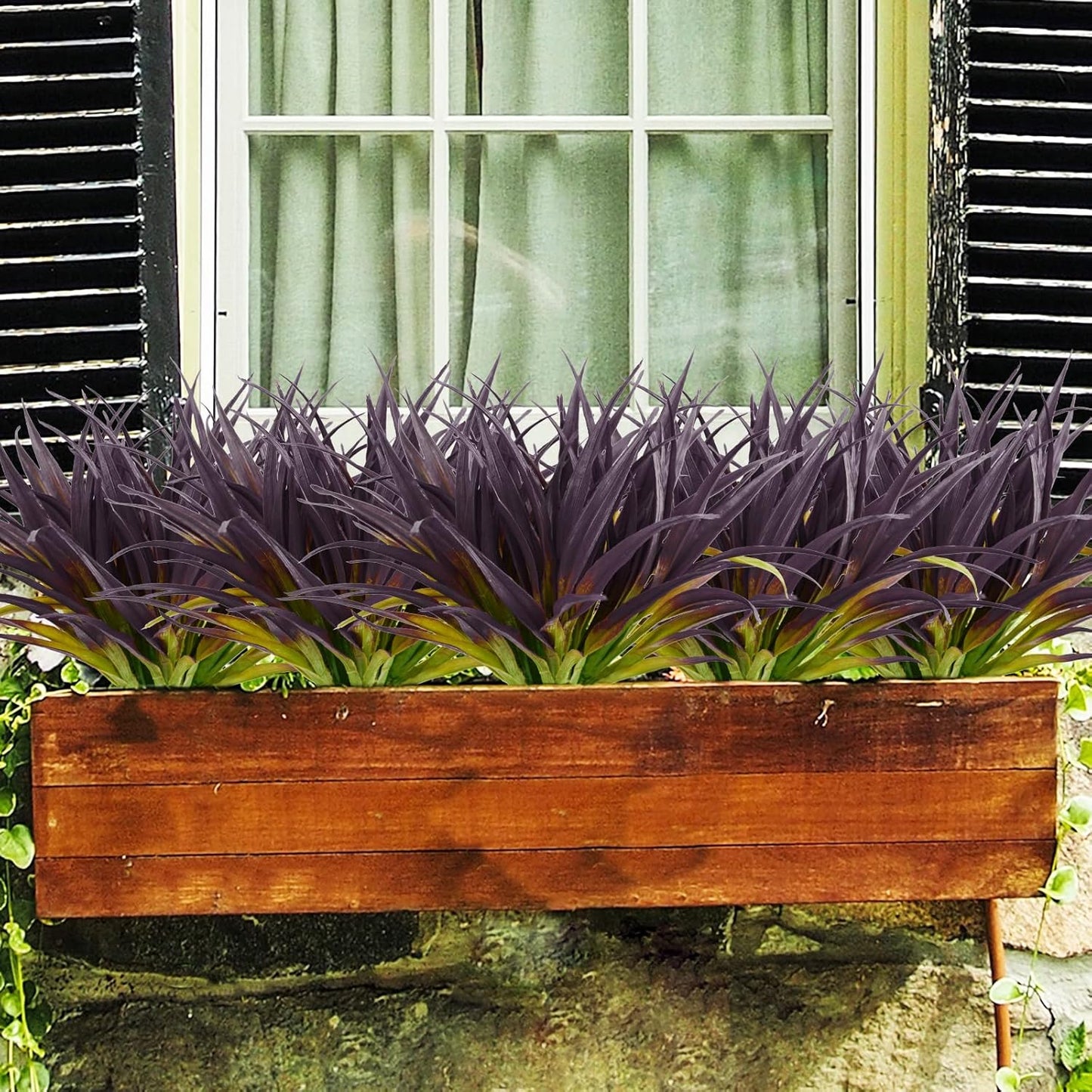 16Pcs Artificial Grass Fake Grass Plants 17.3in Outdoor Plants UV Resistant Faux Greenery Stems for Home Window Garden Patio Pathway Front Porch Halloween Décor Light Green & Purple
