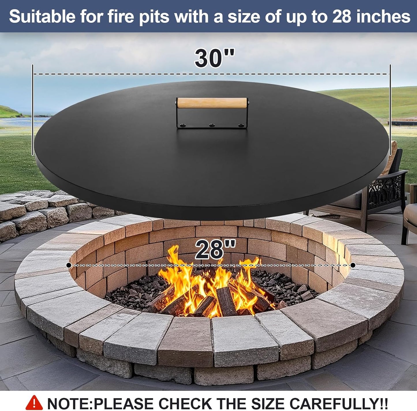 1MORE Fire Pit Lid Round 30" - Metal Firepit Lid with Wooden Handle for Patio Firepits,Rust Resistant 1.5mm Fire Pits Metal Lid,Outdoor Firepits Accessory, Smokeless Fire Pits Cover Round Metal