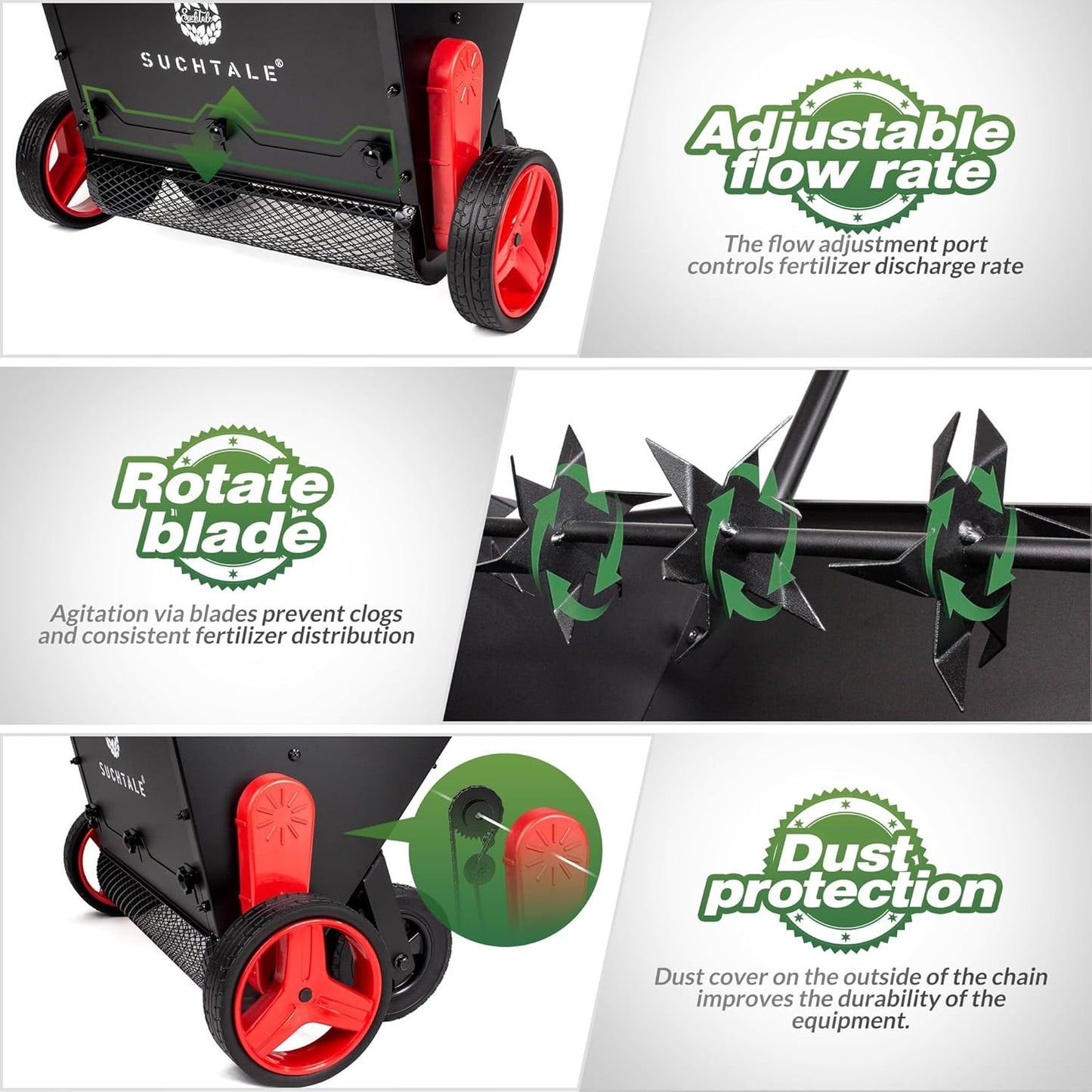 Suchtale Upgrade Push Lawn Spreader for Compost & Peat Moss, Organic Fertilizer Applicator with Rotating Blades, Adjustable Rate Metal Mesh Basket Topdresser